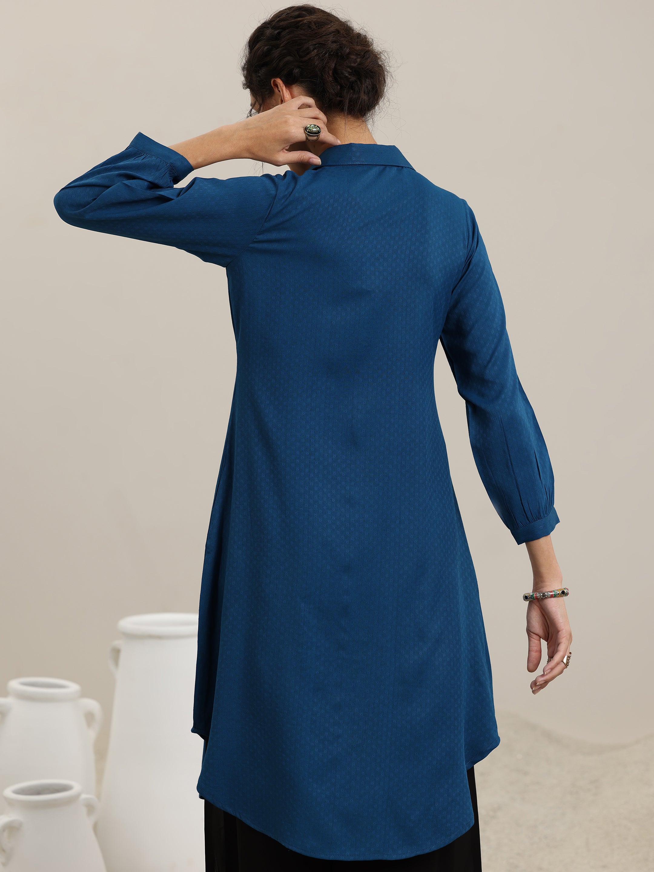 Teal Woven Design Cotton Blend Straight Kurti