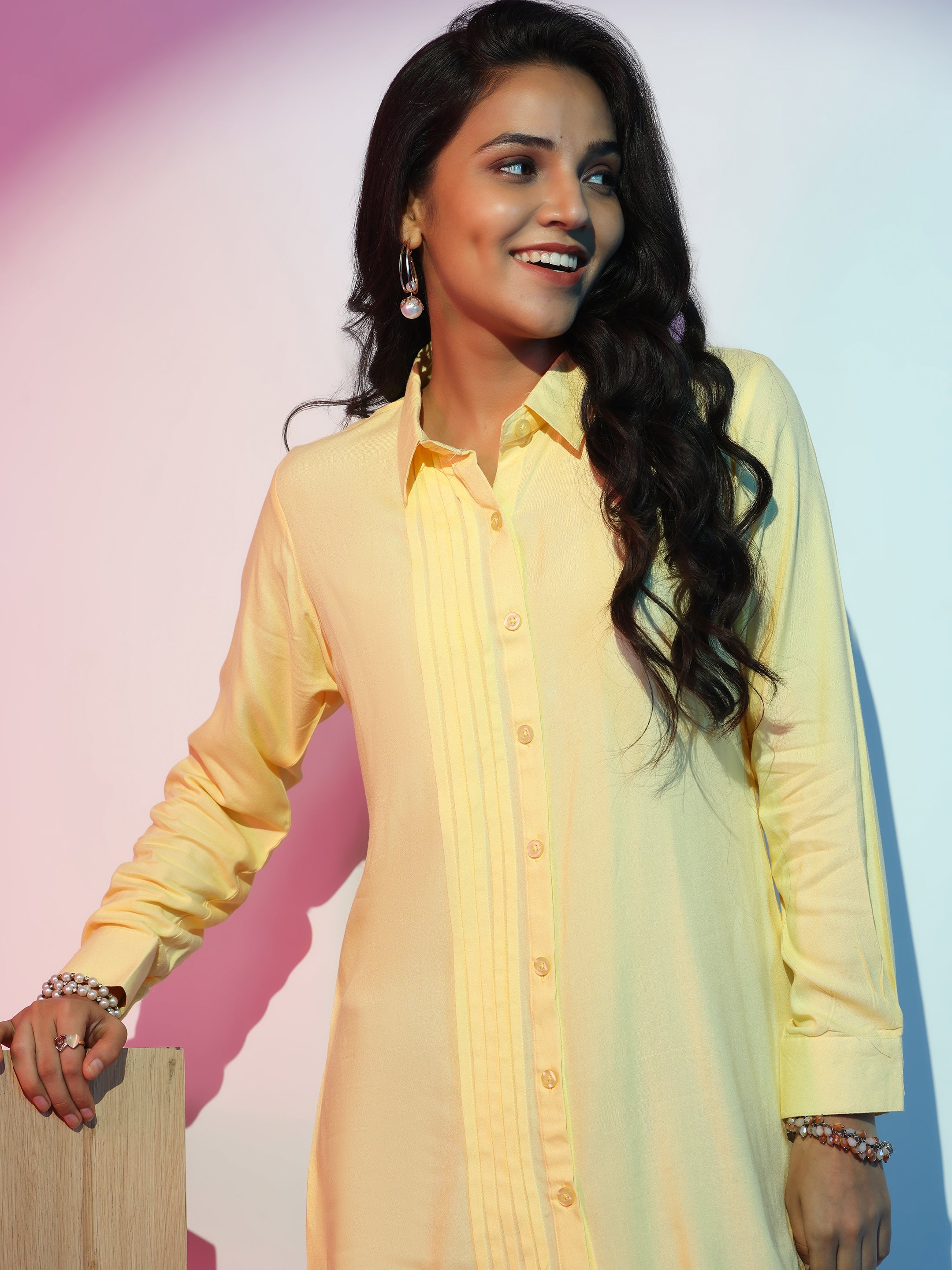 Yellow Solid Rayon Straight Kurti