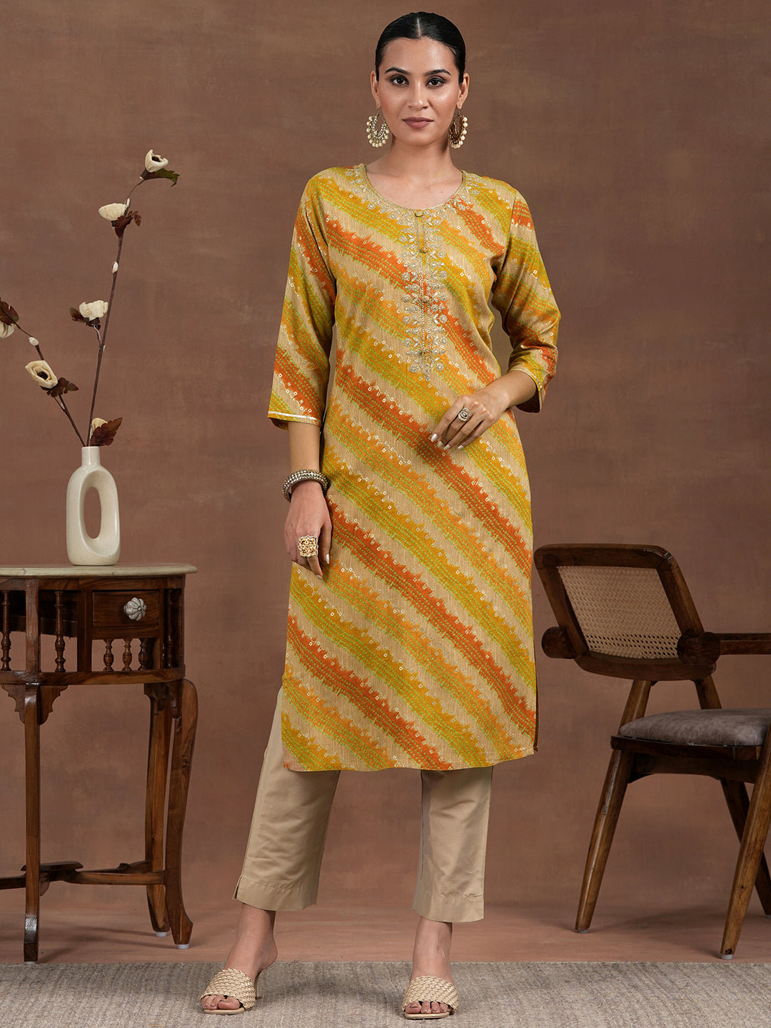 Mustard Printed Rayon Straight Kurta