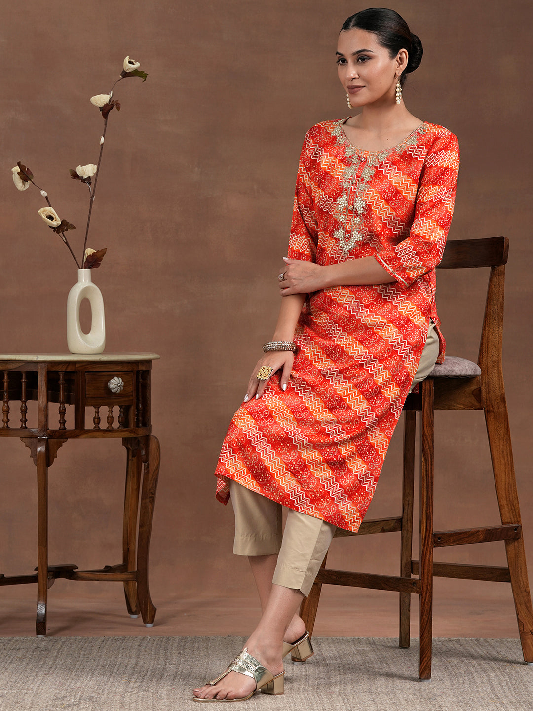 Orange Printed Rayon Straight Kurta