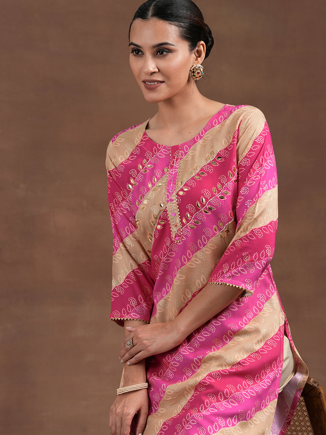 Pink Printed Rayon Straight Kurta