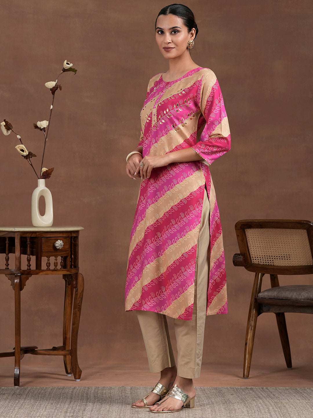 Pink Printed Rayon Straight Kurta