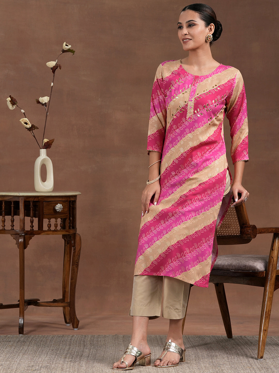 Pink Printed Rayon Straight Kurta