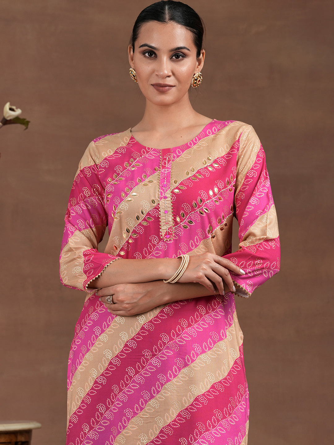 Pink Printed Rayon Straight Kurta