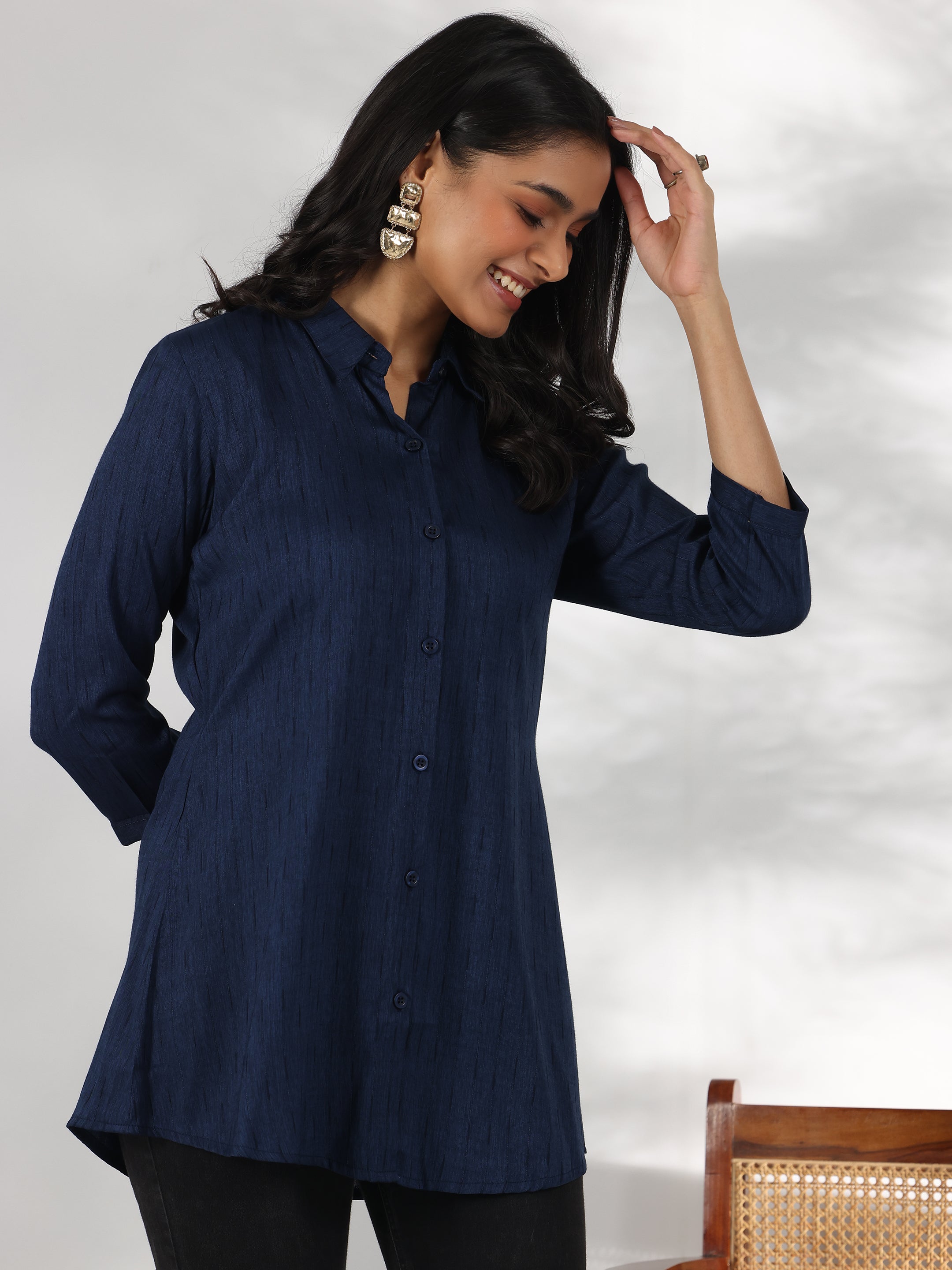 Blue Self Design Rayon Straight Tunic