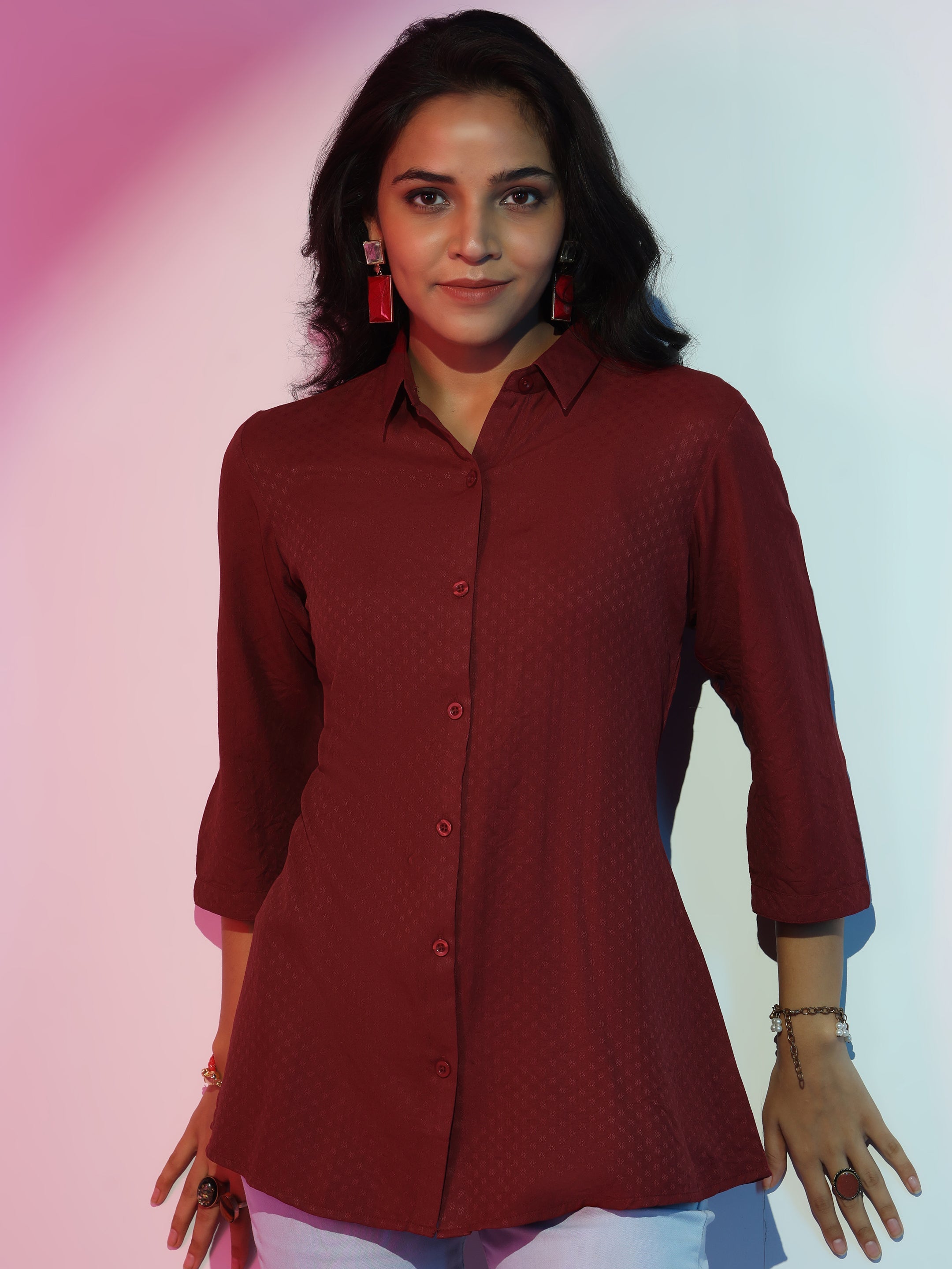 Maroon Self Design Rayon Straight Tunic