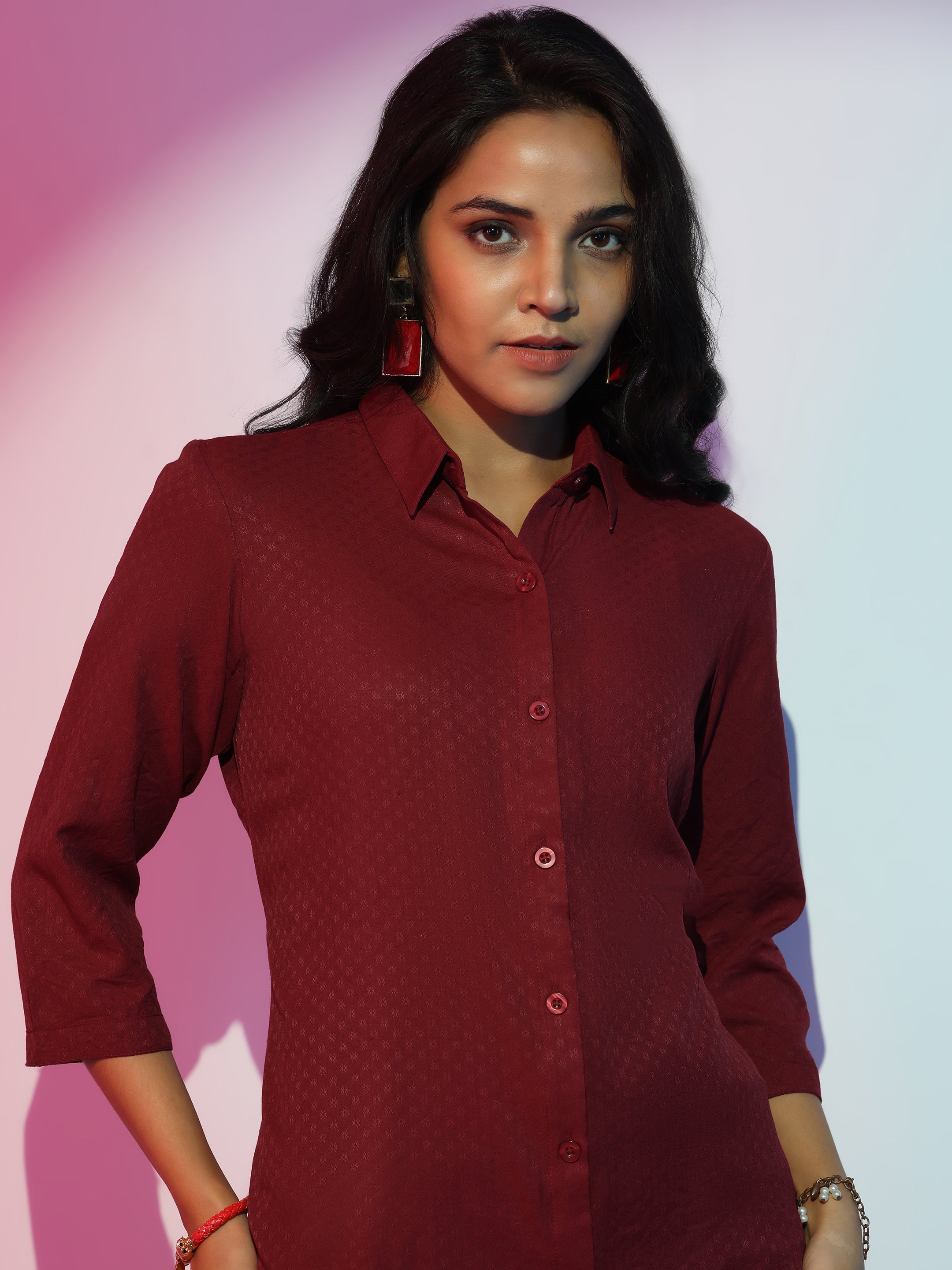 Maroon Self Design Rayon Straight Tunic