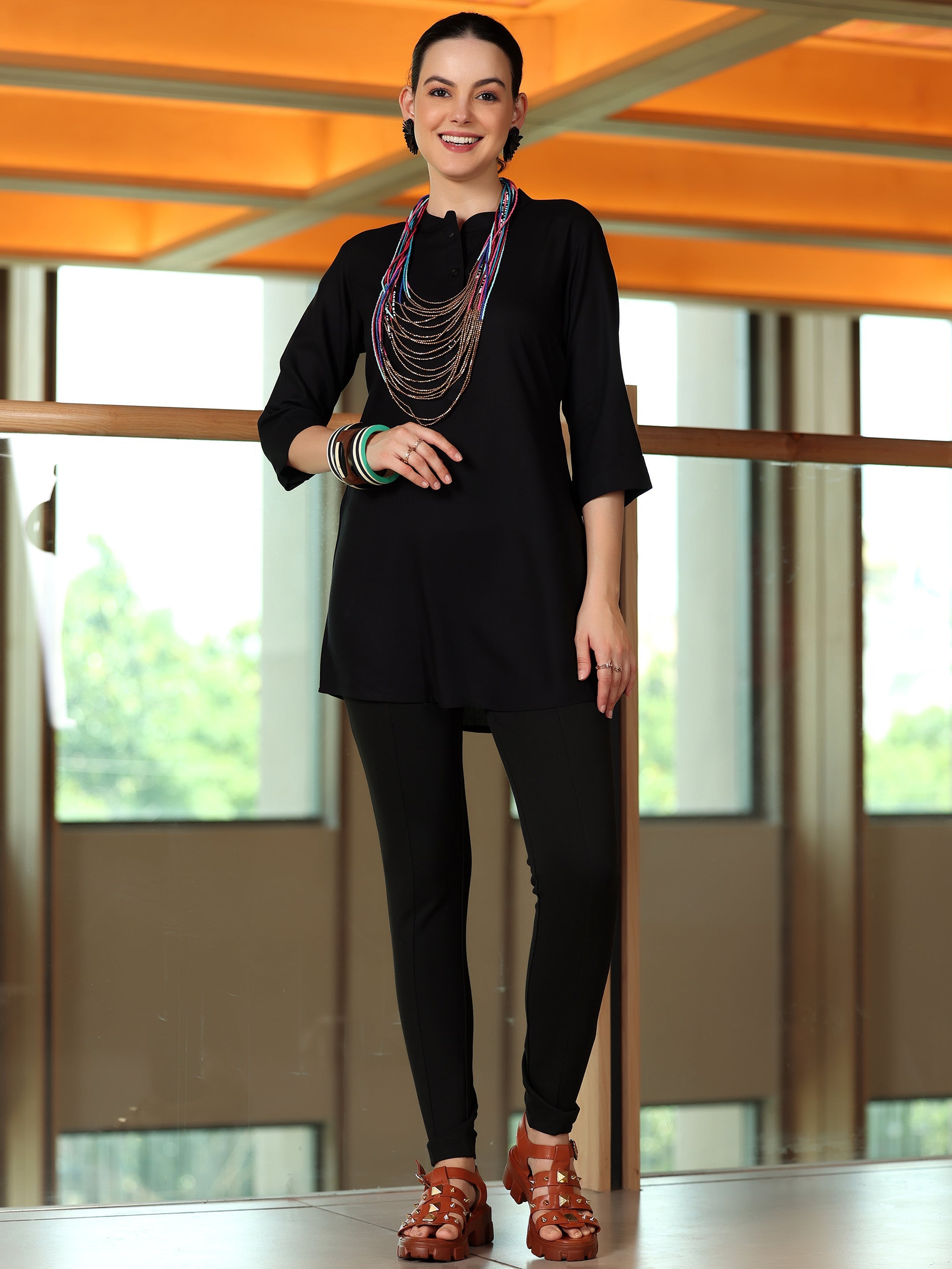 Black Solid Rayon Straight Tunic