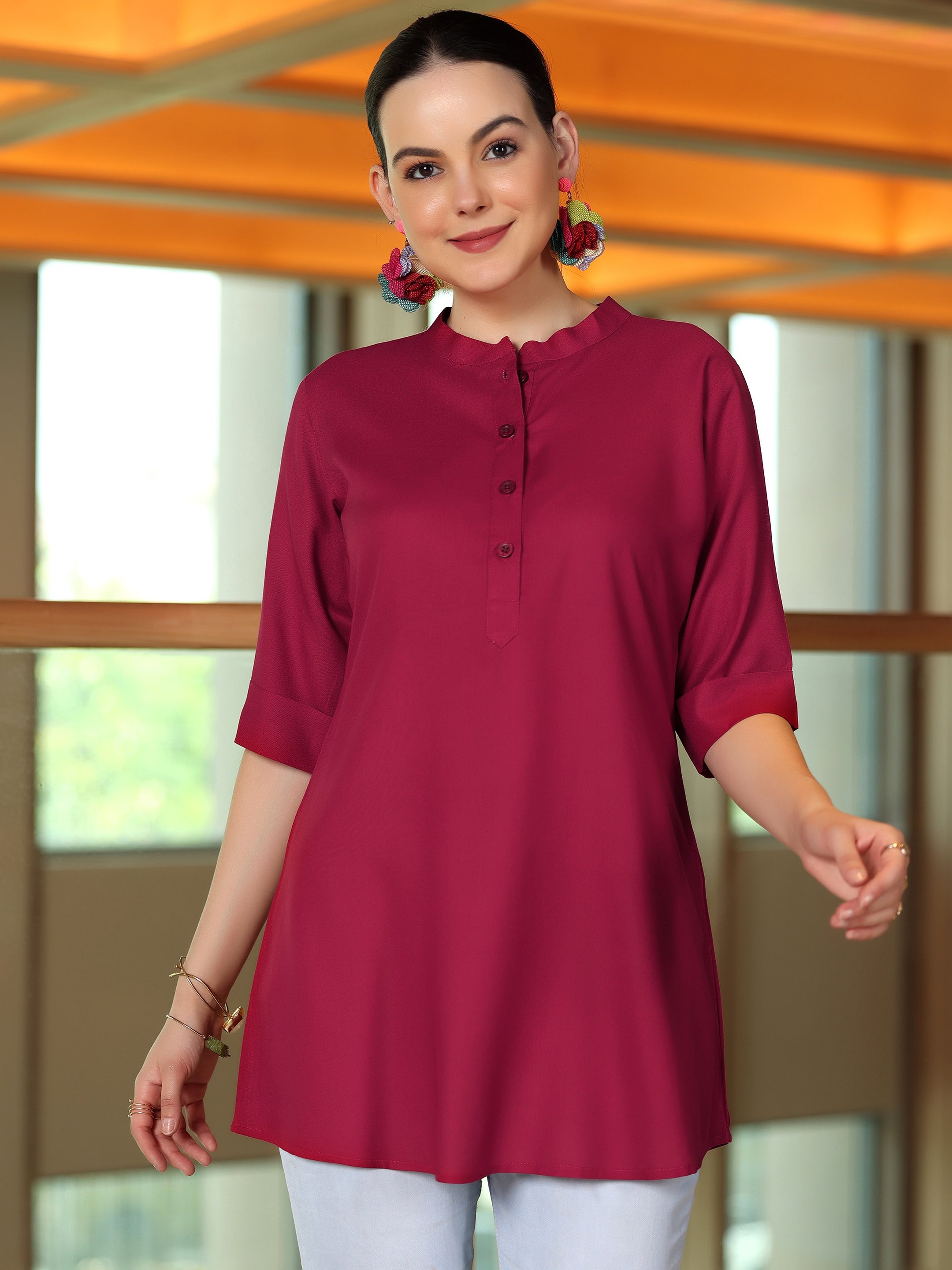 Maroon Solid Rayon Straight Tunic