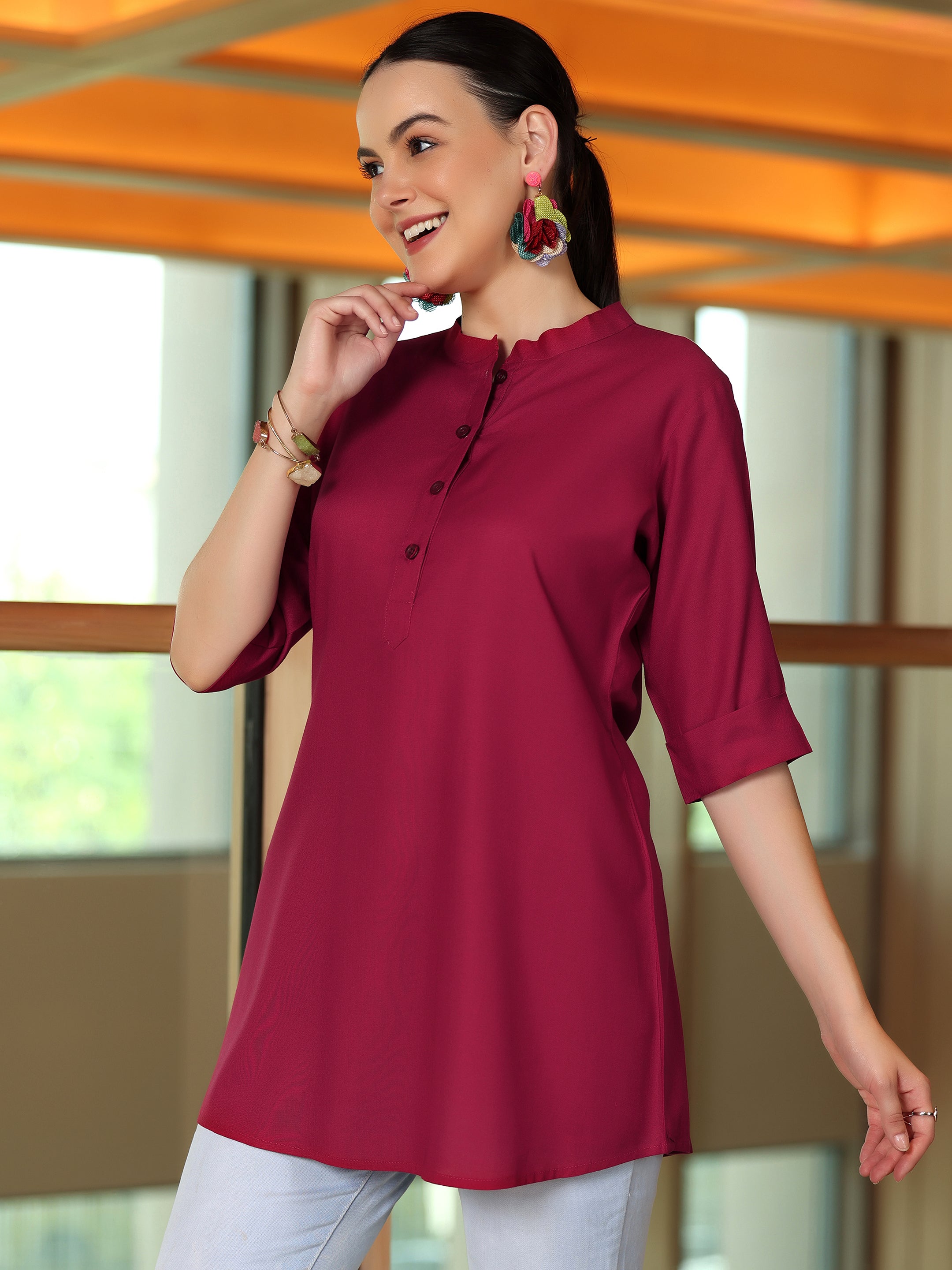 Maroon Solid Rayon Straight Tunic