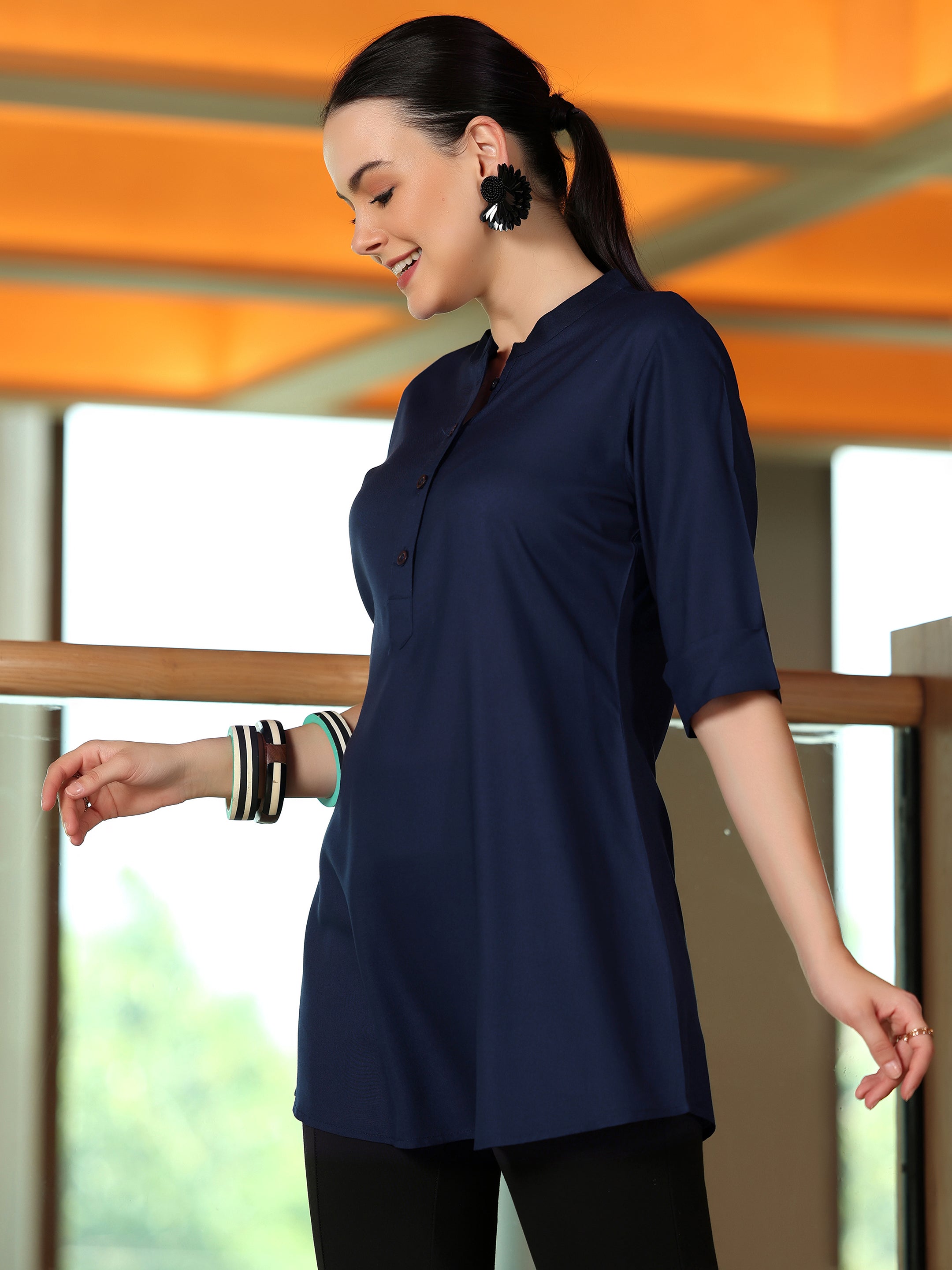 Navy Solid Rayon Straight Tunic