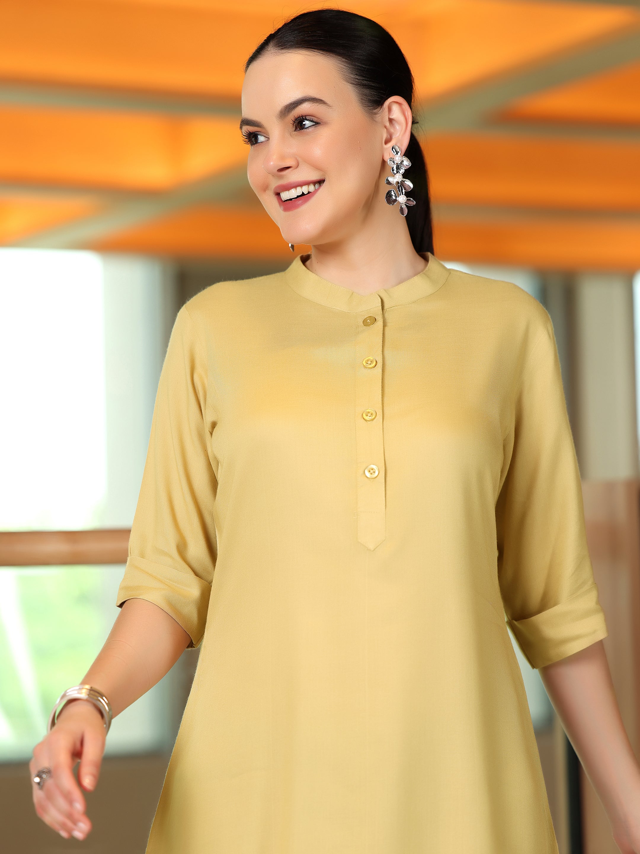 Beige Solid Rayon Straight Tunic