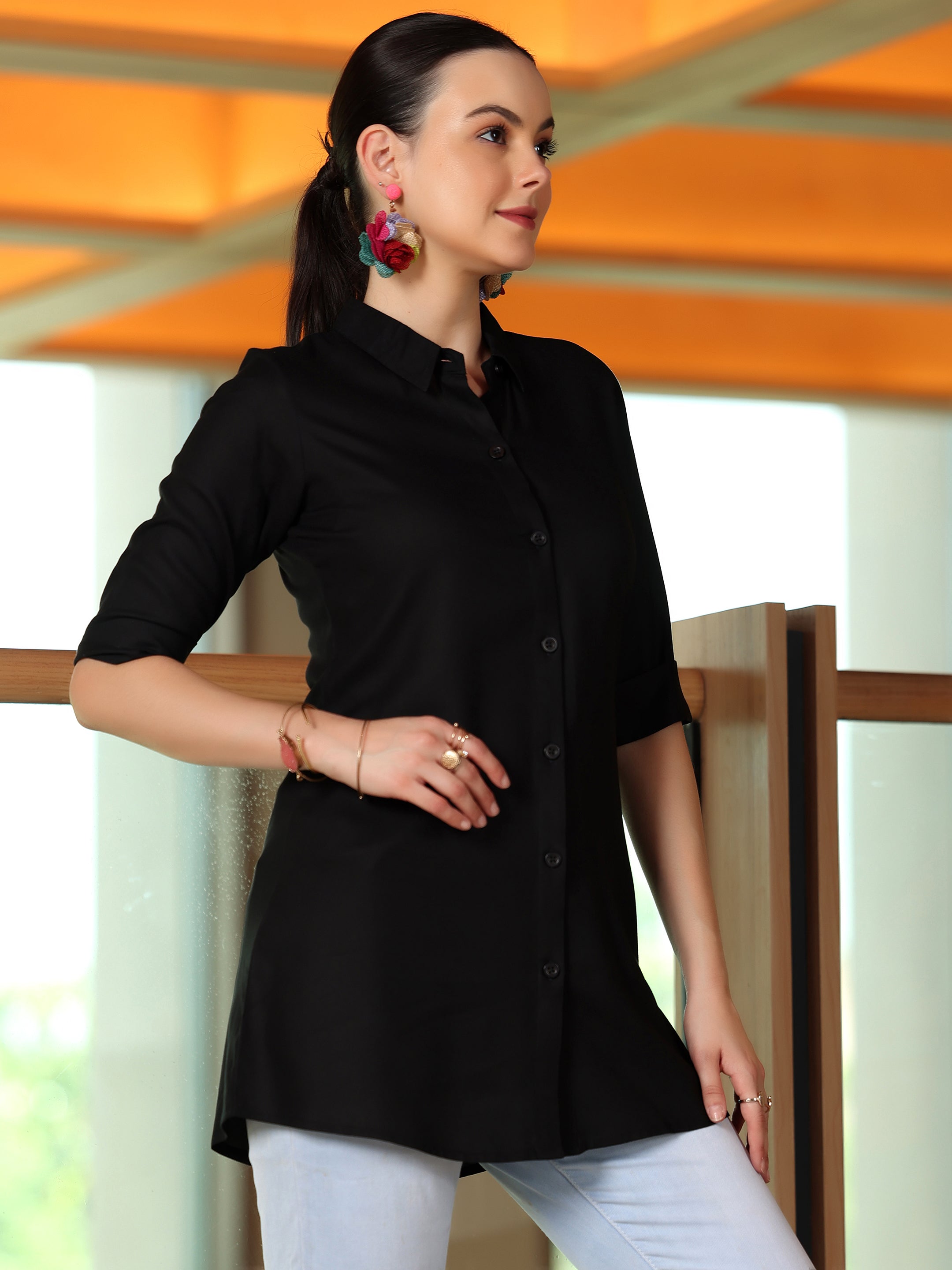 Black Solid Rayon A-Line Kurti