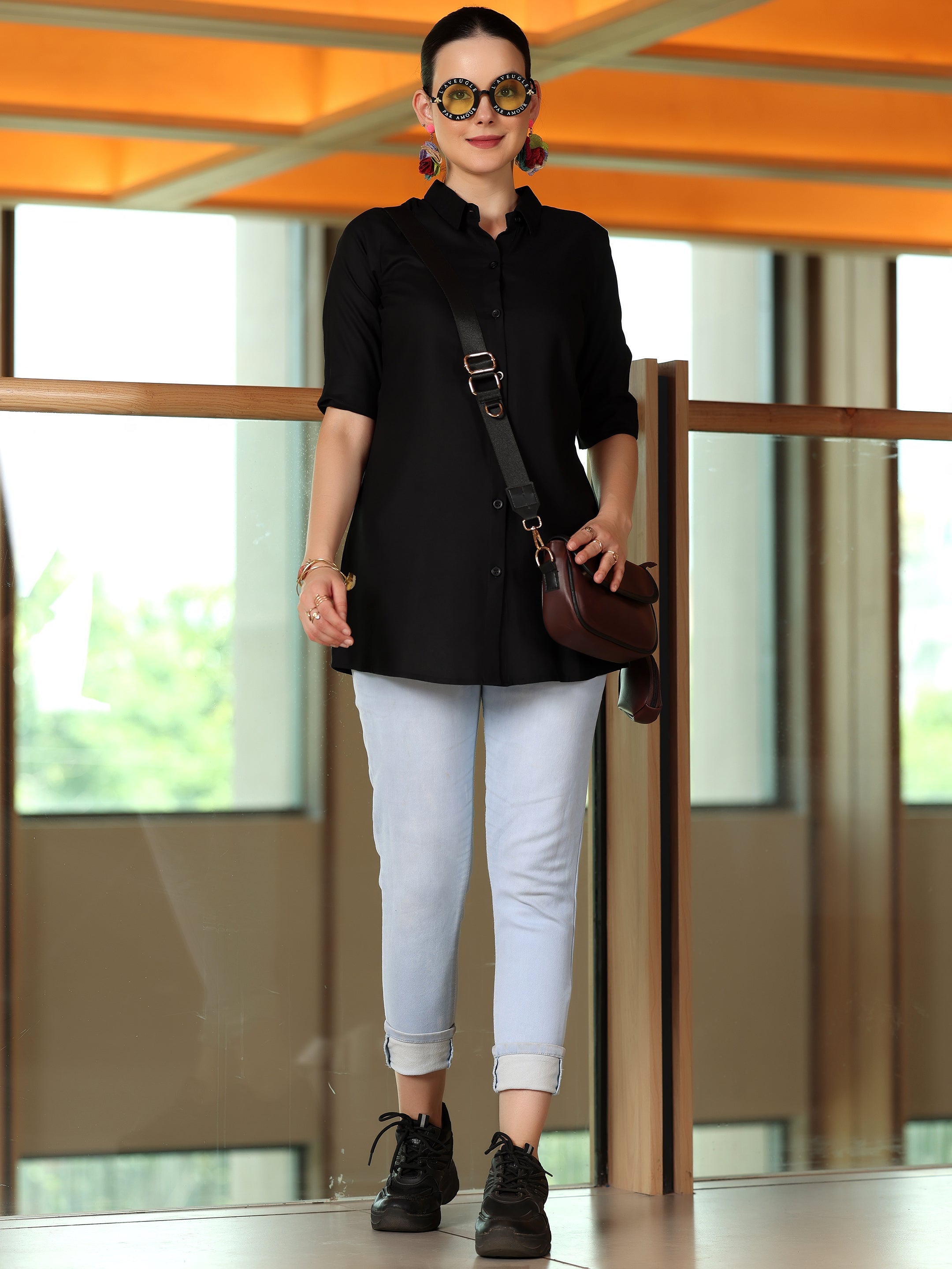 Black Solid Rayon A-Line Kurti