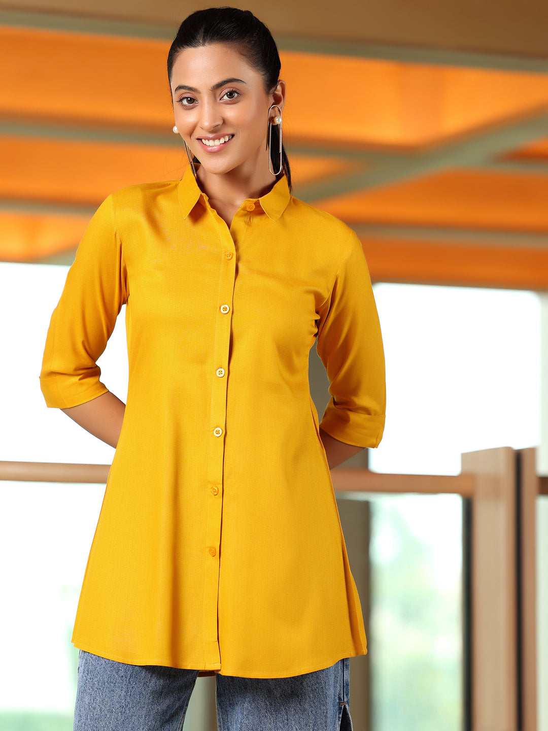 Mustard Solid Rayon Straight Tunic