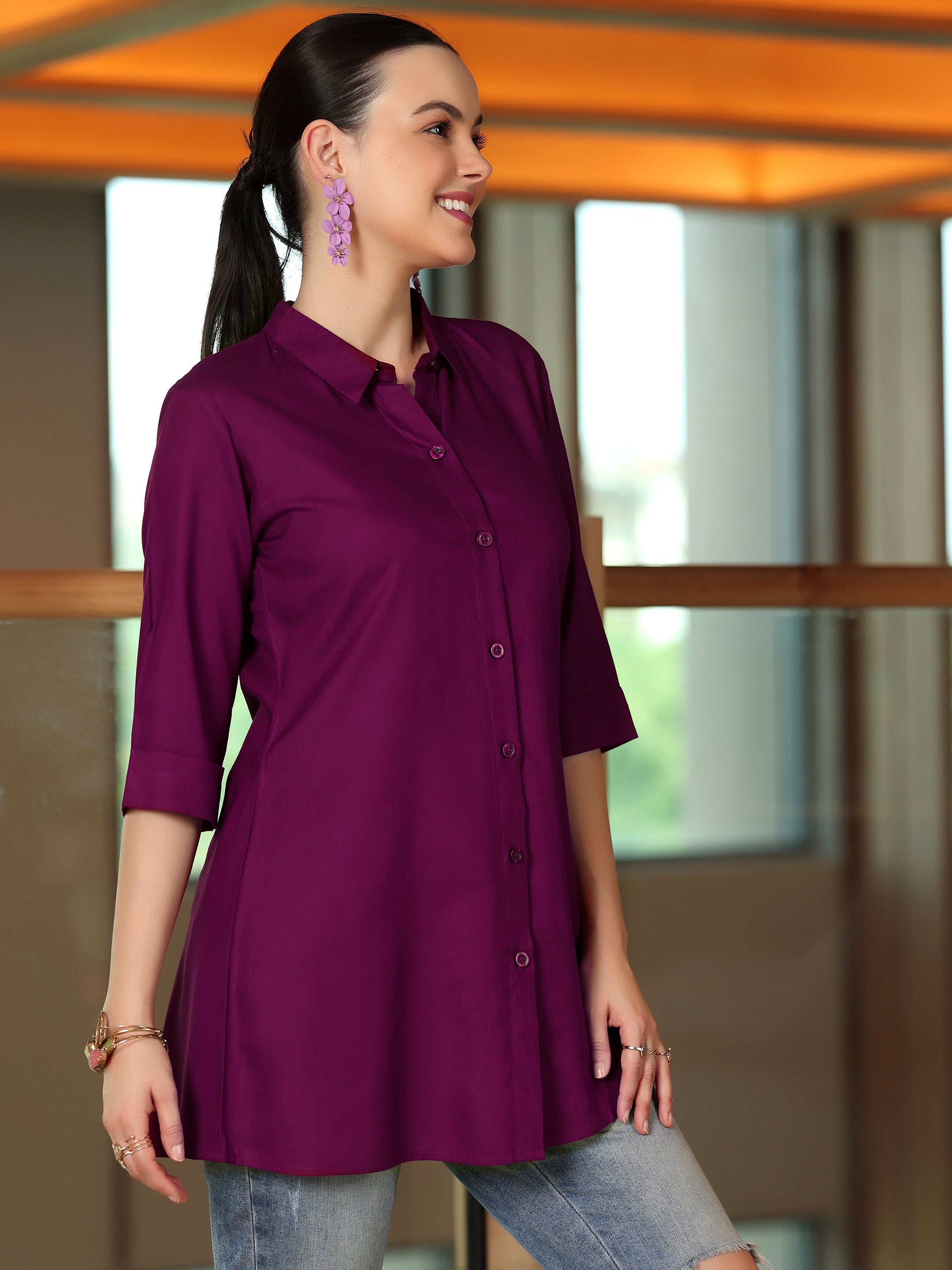 Wine Solid Rayon Straight Tunic