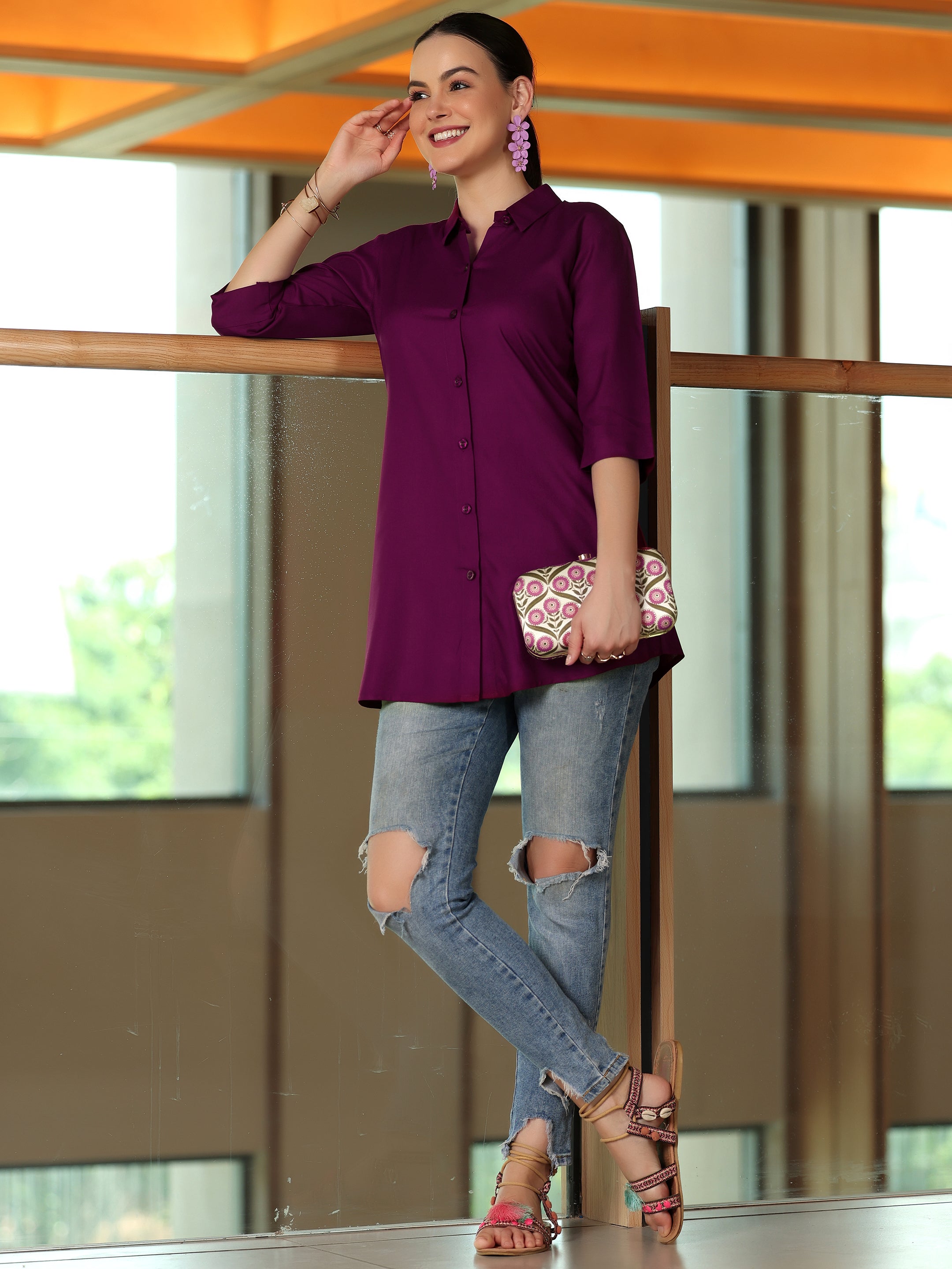 Wine Solid Rayon Straight Tunic