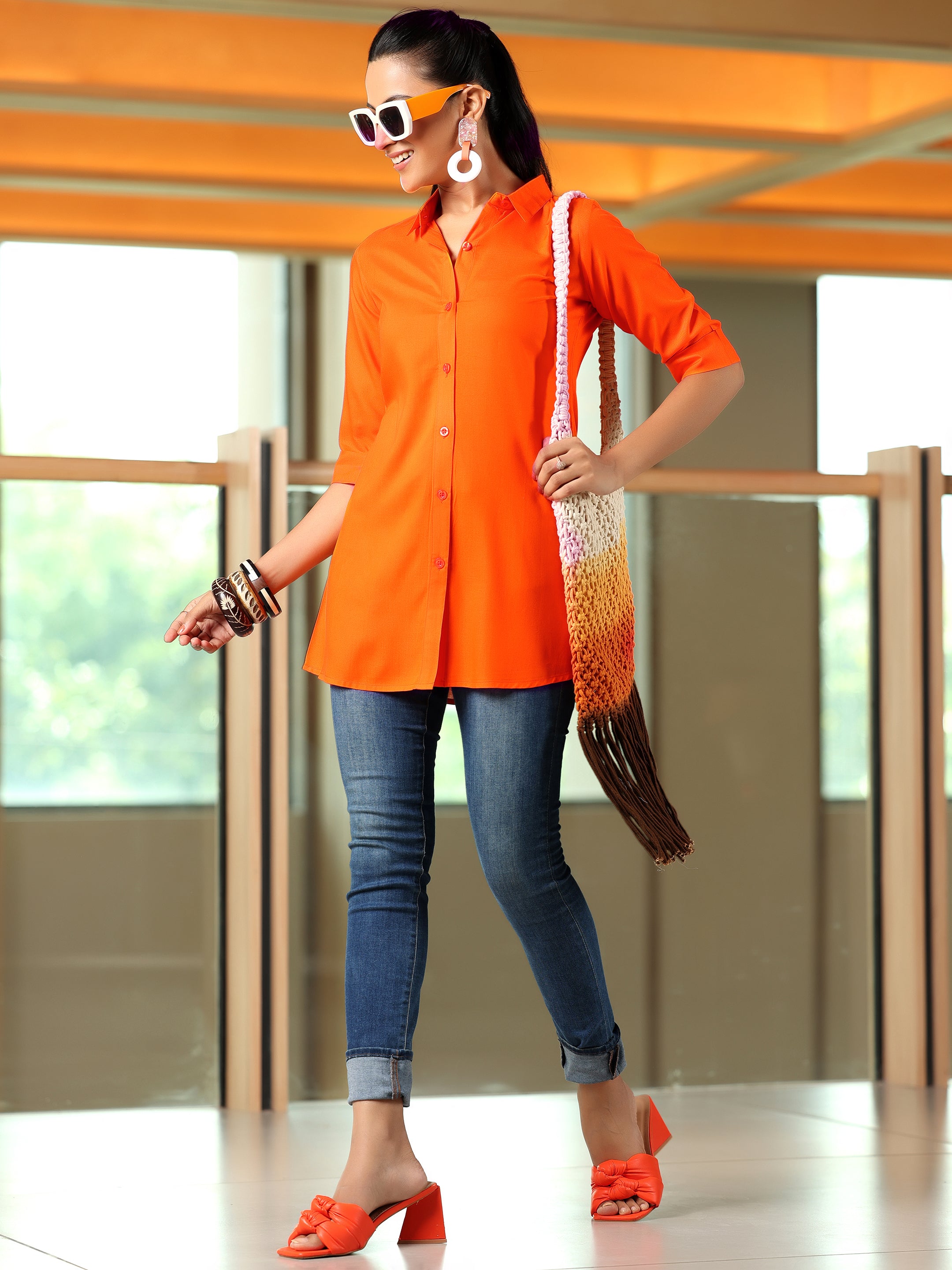 Orange Solid Rayon Straight Tunic