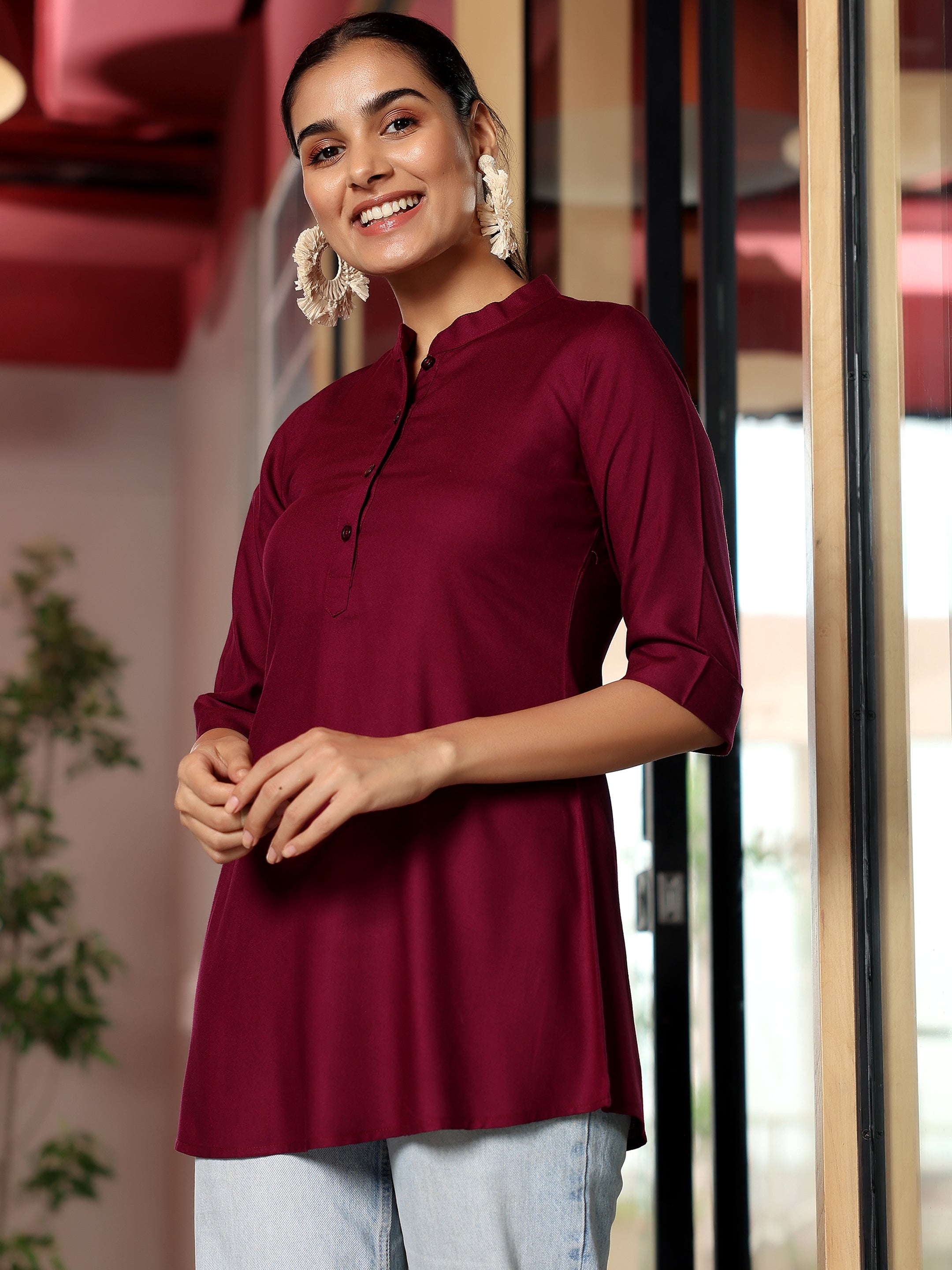 Wine Solid Rayon Straight Tunic