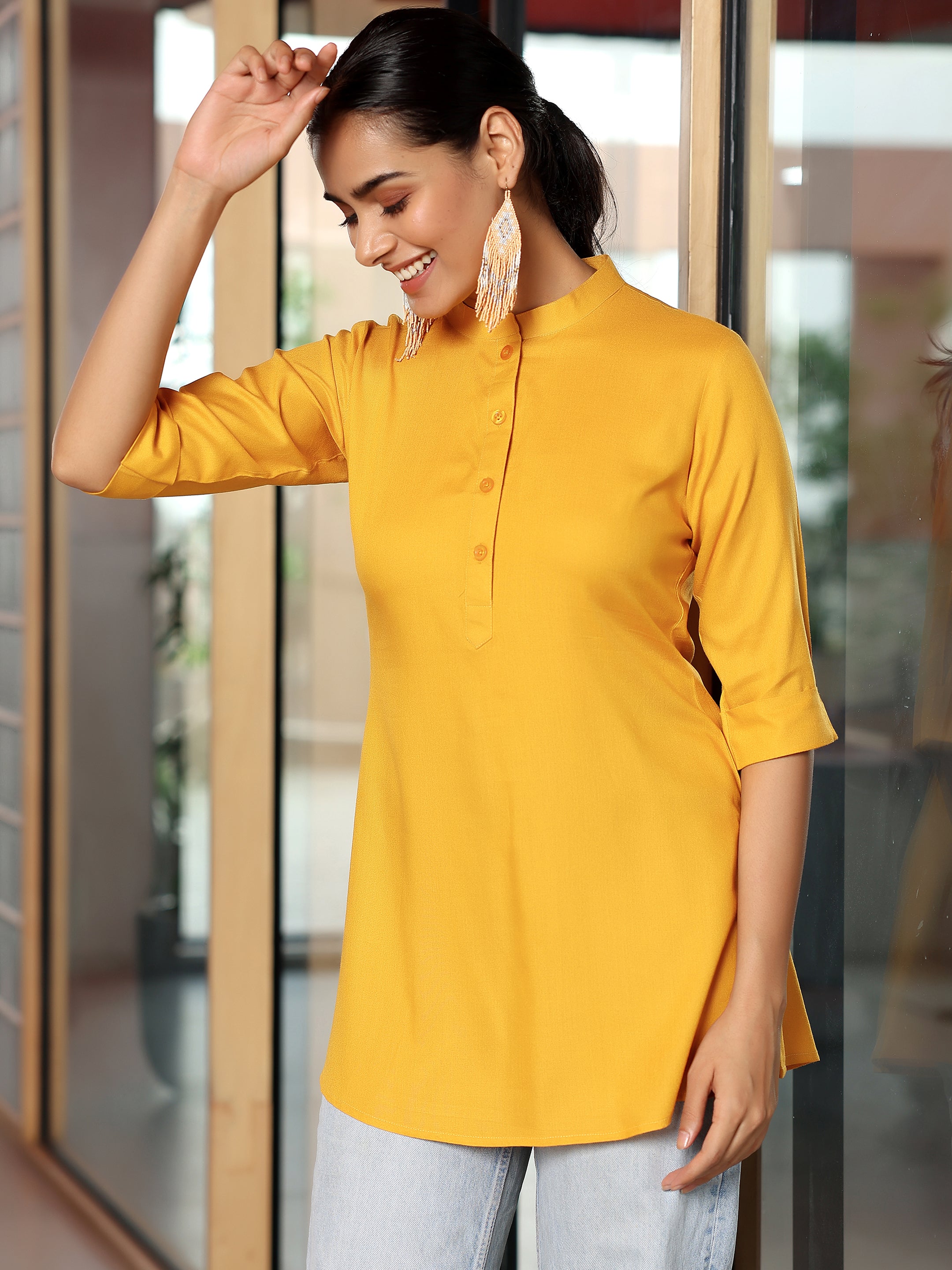 Mustard Solid Rayon Straight Tunic