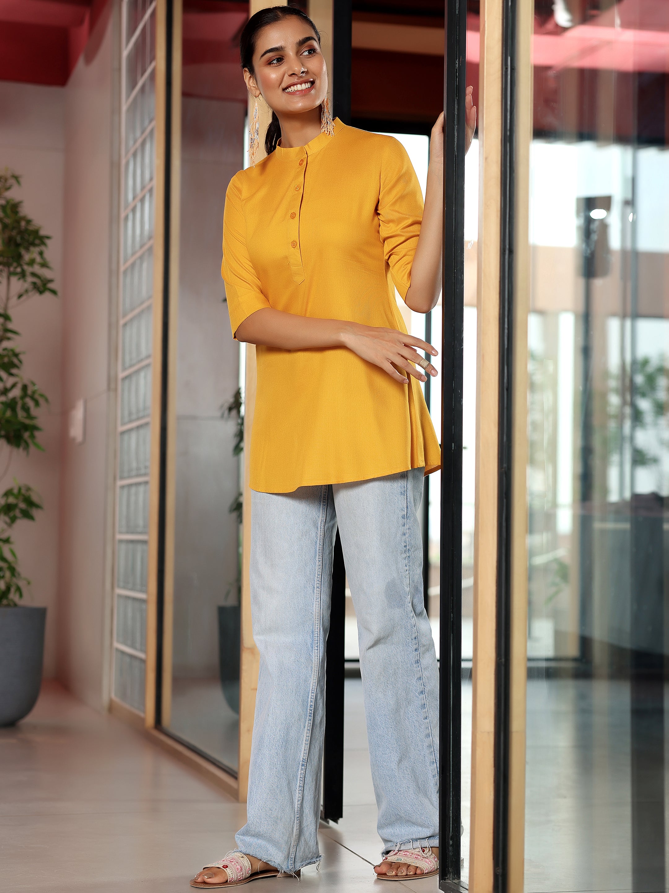 Mustard Solid Rayon Straight Tunic