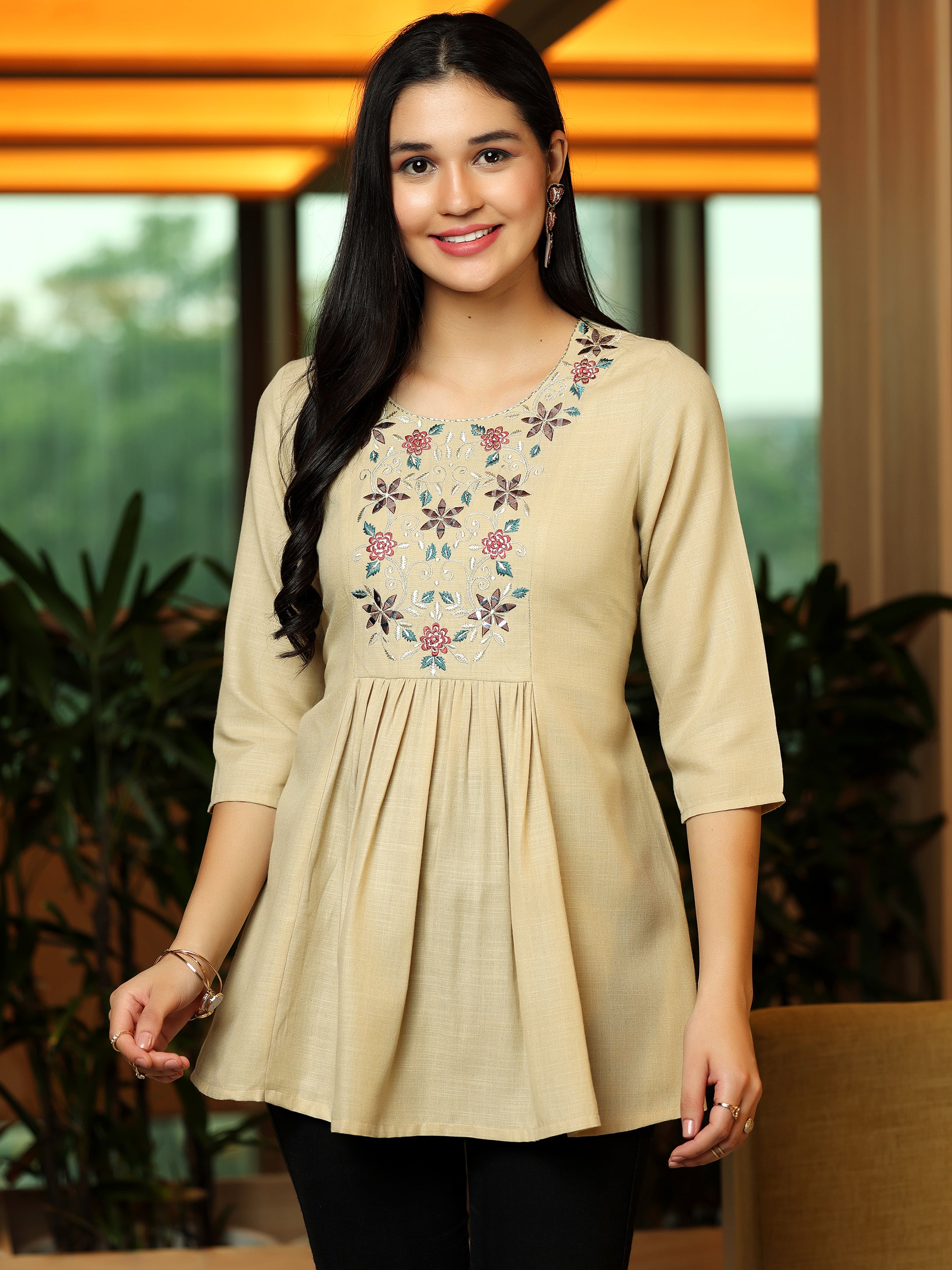 Beige Yoke Design Cotton Blend A-Line Kurti