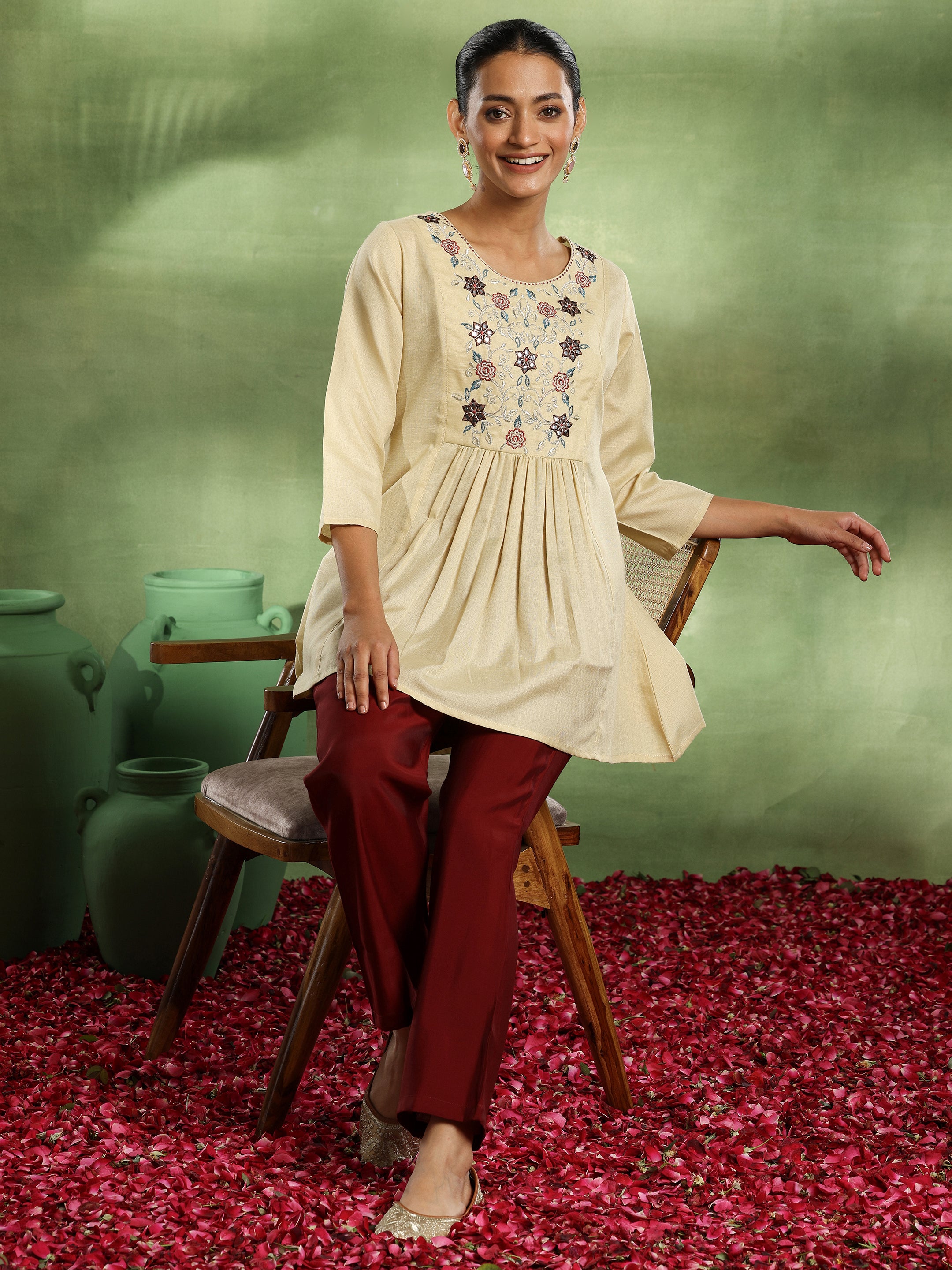 Beige Yoke Design Cotton Blend A-Line Kurti