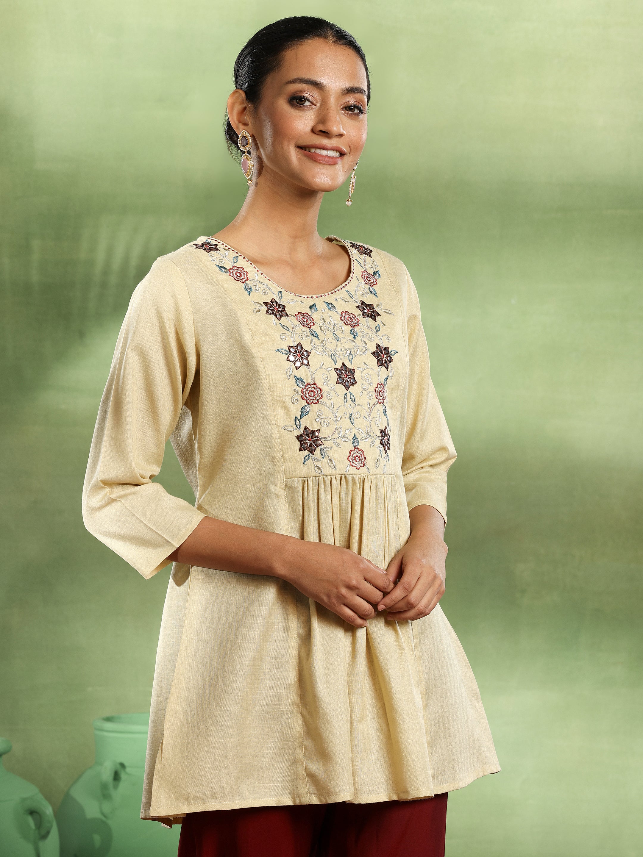 Beige Yoke Design Cotton Blend A-Line Kurti