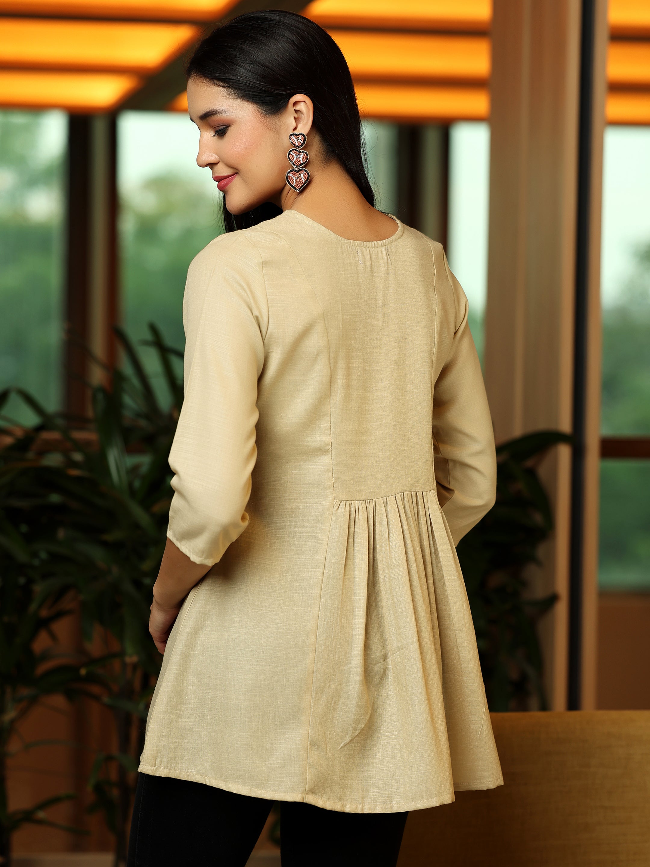 Beige Yoke Design Cotton Blend A-Line Kurti