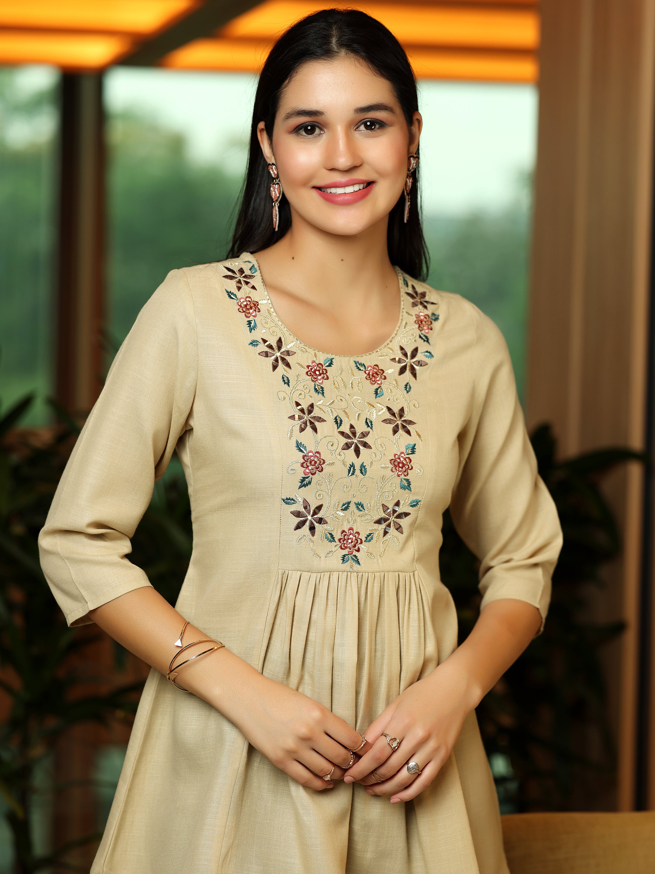 Beige Yoke Design Cotton Blend A-Line Kurti