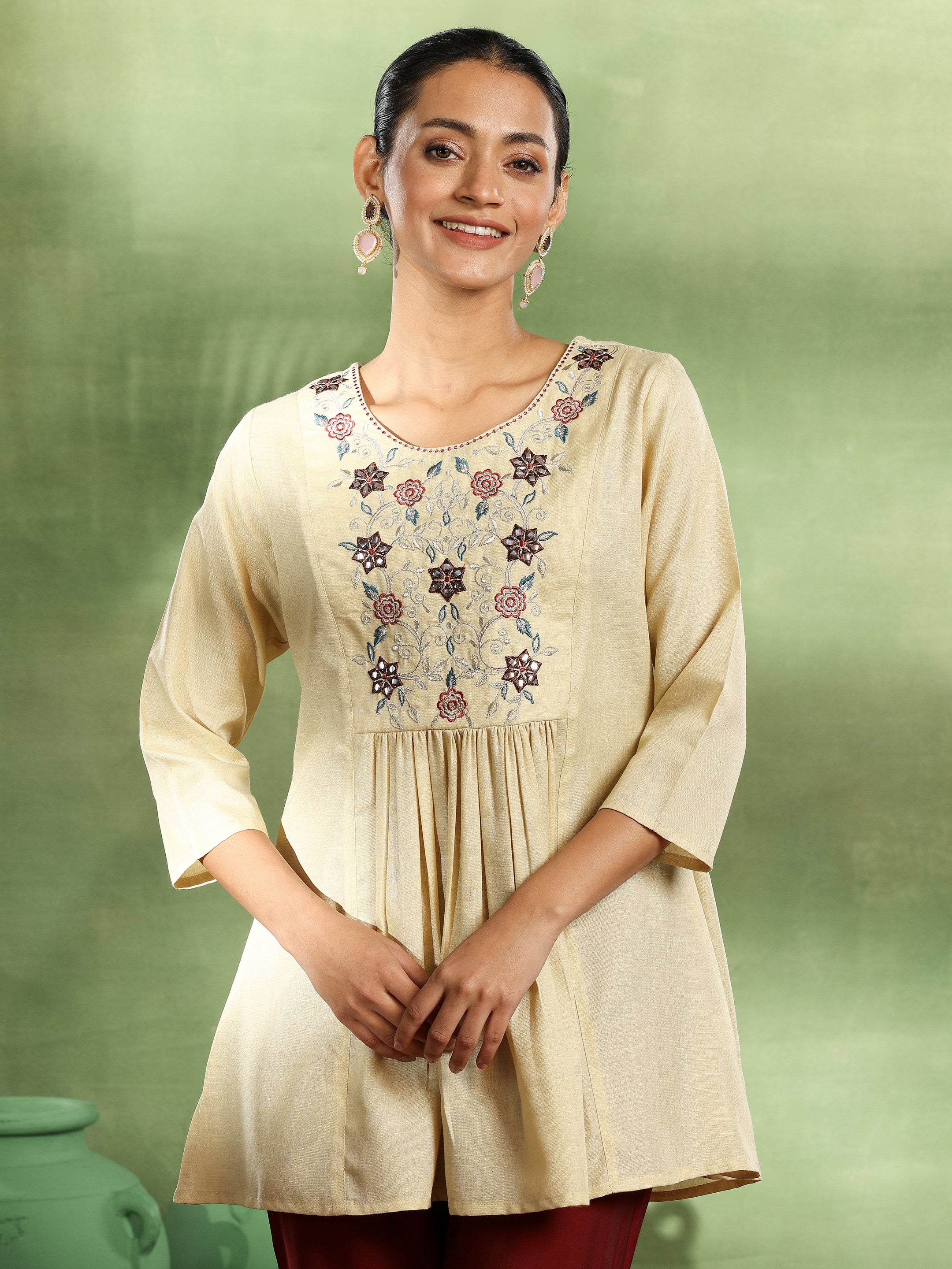 Beige Yoke Design Cotton Blend A-Line Kurti