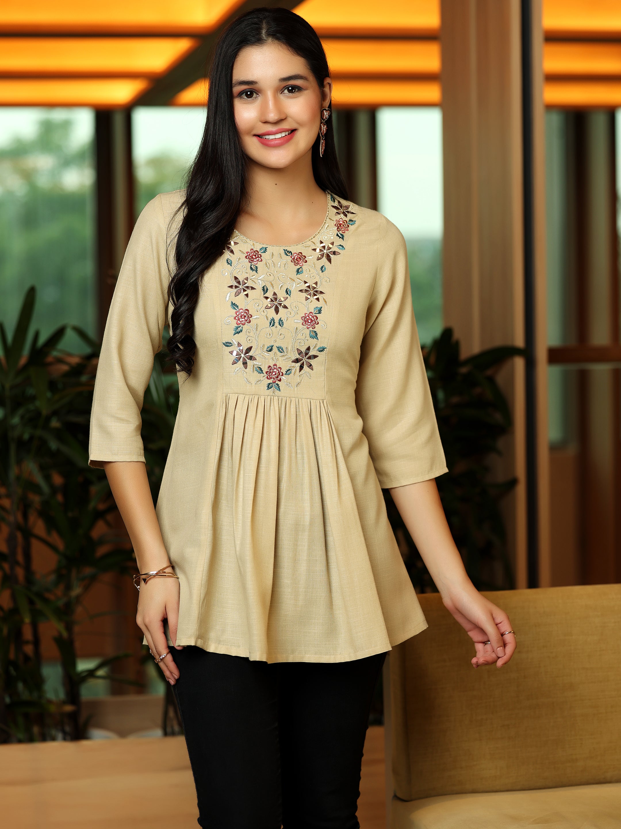 Beige Yoke Design Cotton Blend A-Line Kurti