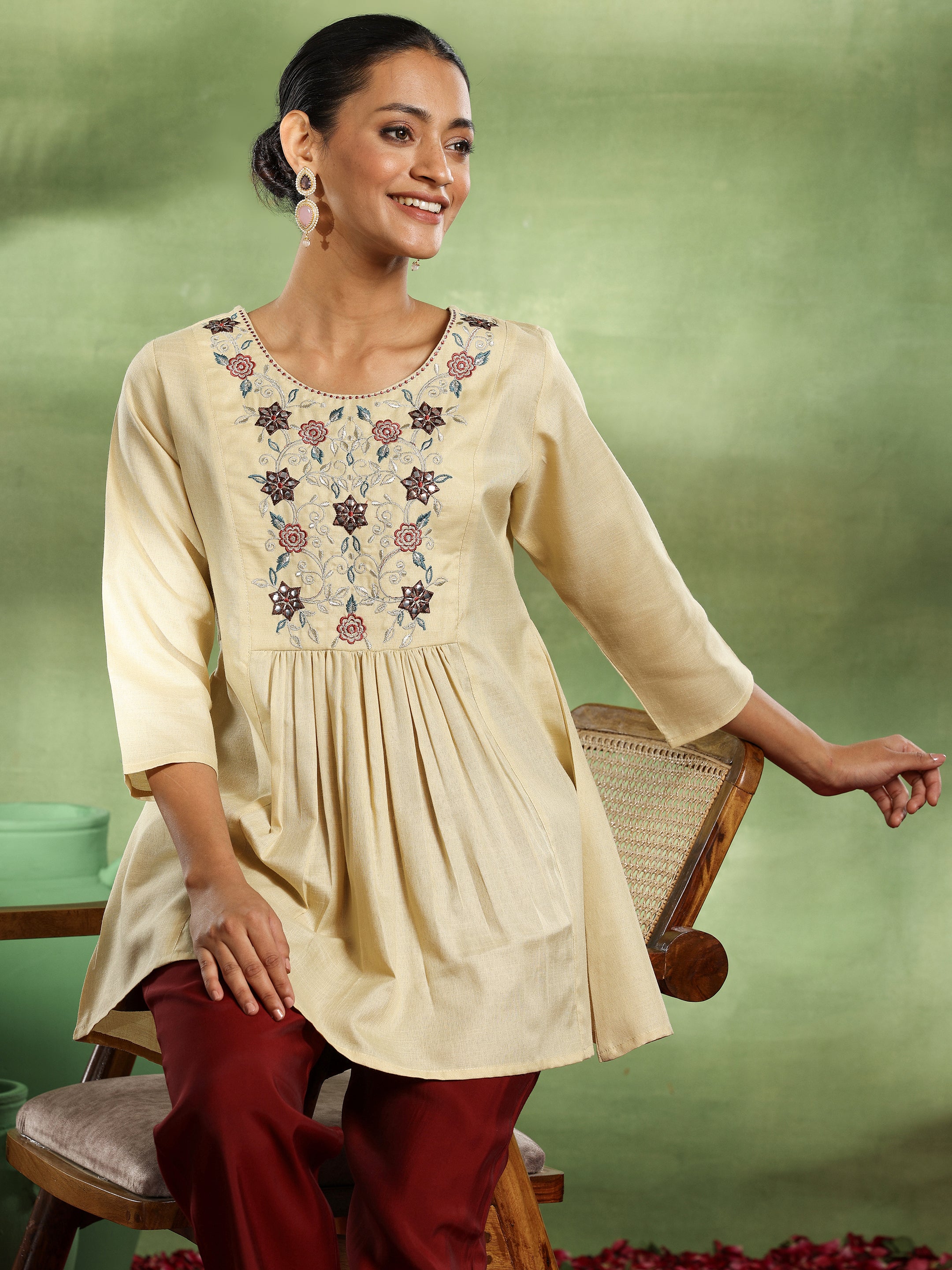 Beige Yoke Design Cotton Blend A-Line Kurti