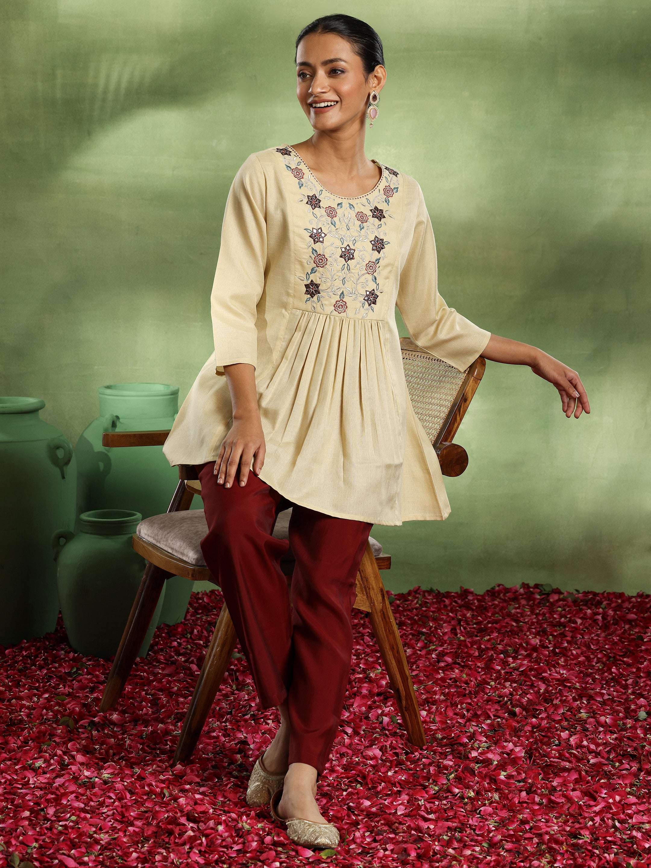 Beige Yoke Design Cotton Blend A-Line Kurti