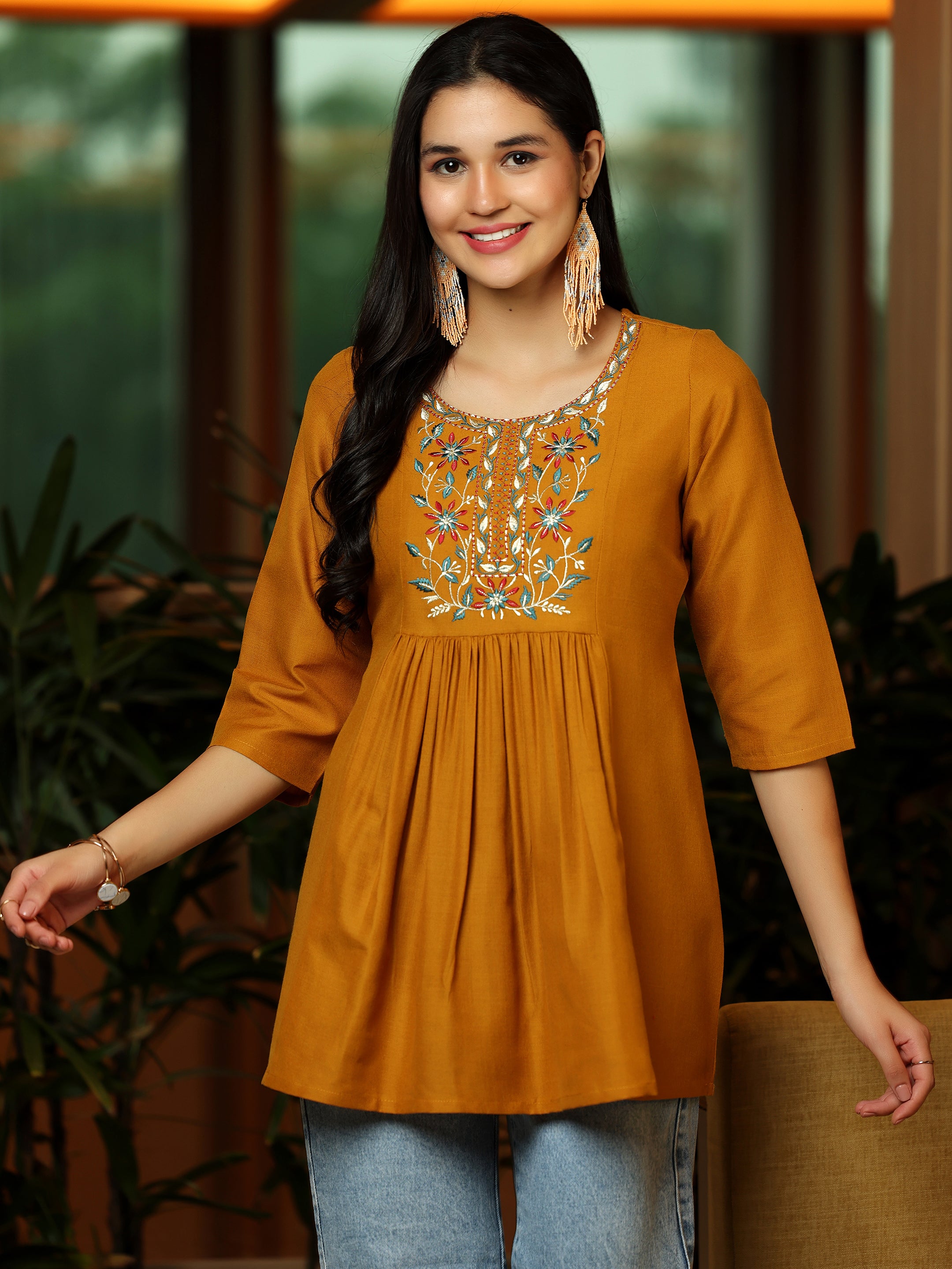 Mustard Yoke Design Cotton Blend A-Line Kurti