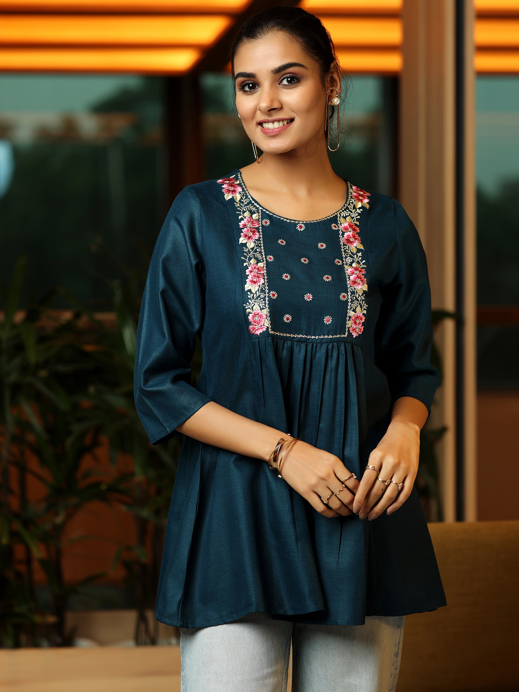 Blue Yoke Design Cotton Blend A-Line Kurti