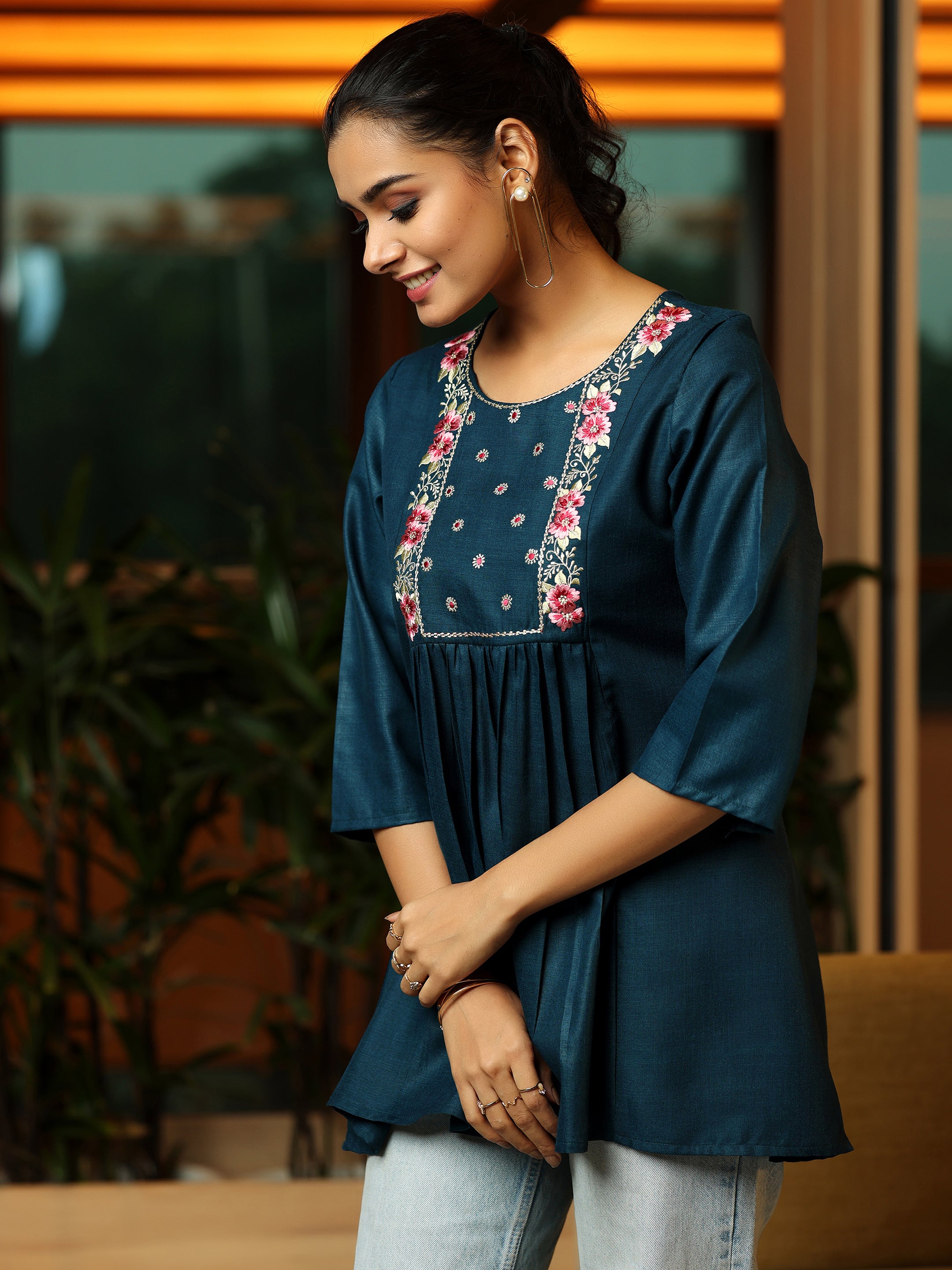 Blue Yoke Design Cotton Blend A-Line Kurti