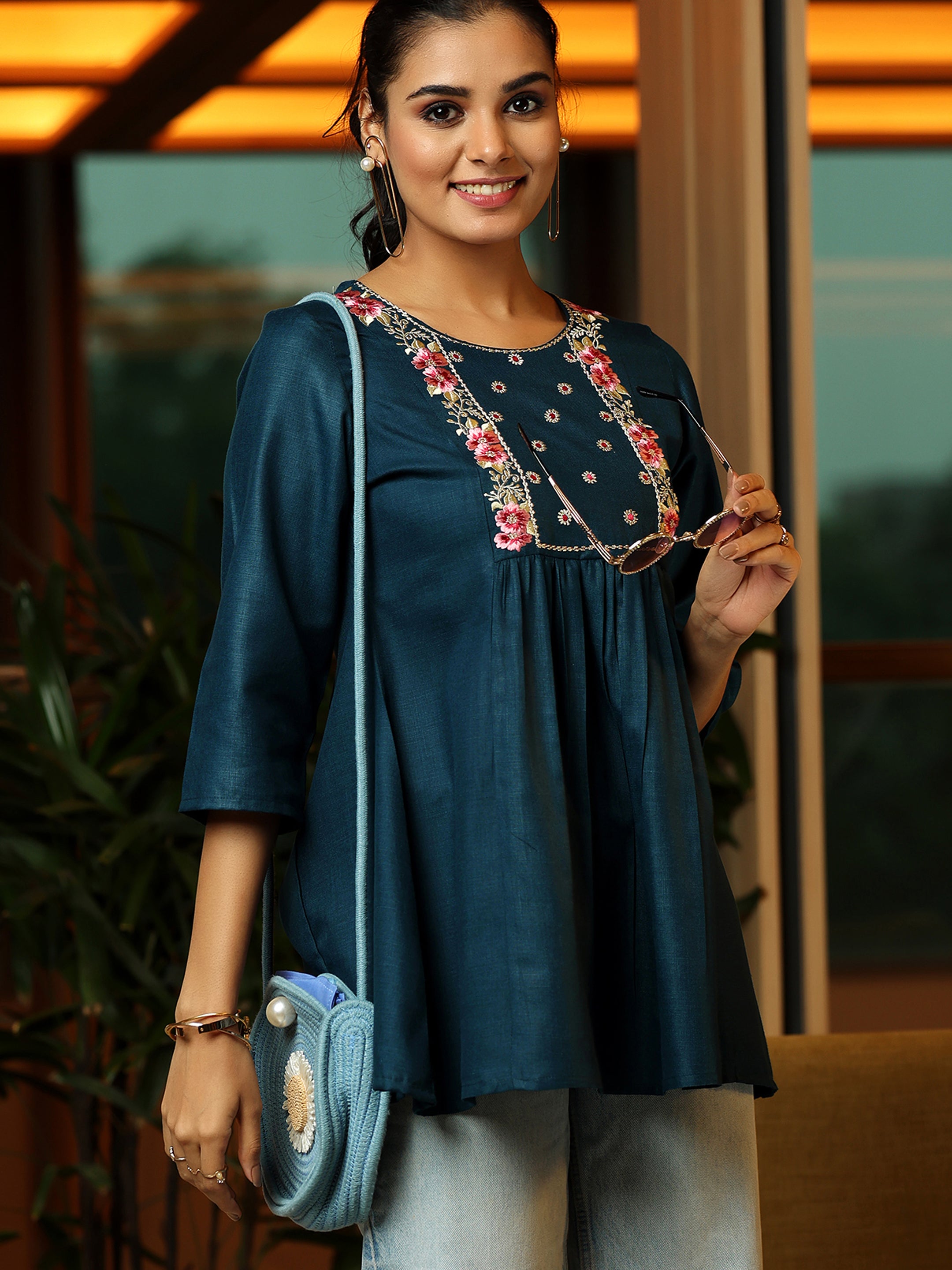 Blue Yoke Design Cotton Blend A-Line Kurti