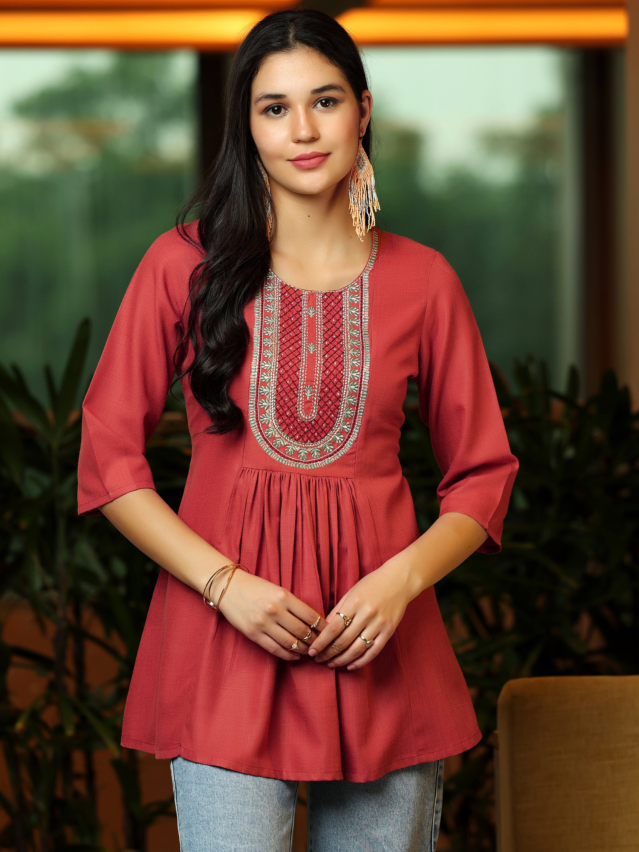 Rust Yoke Design Cotton Blend A-Line Kurti