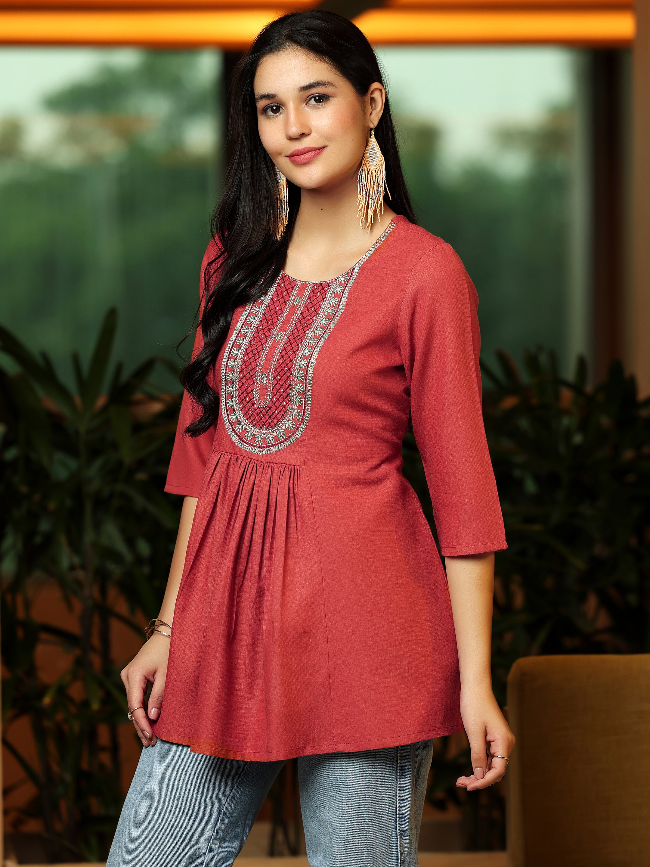 Rust Yoke Design Cotton Blend A-Line Kurti