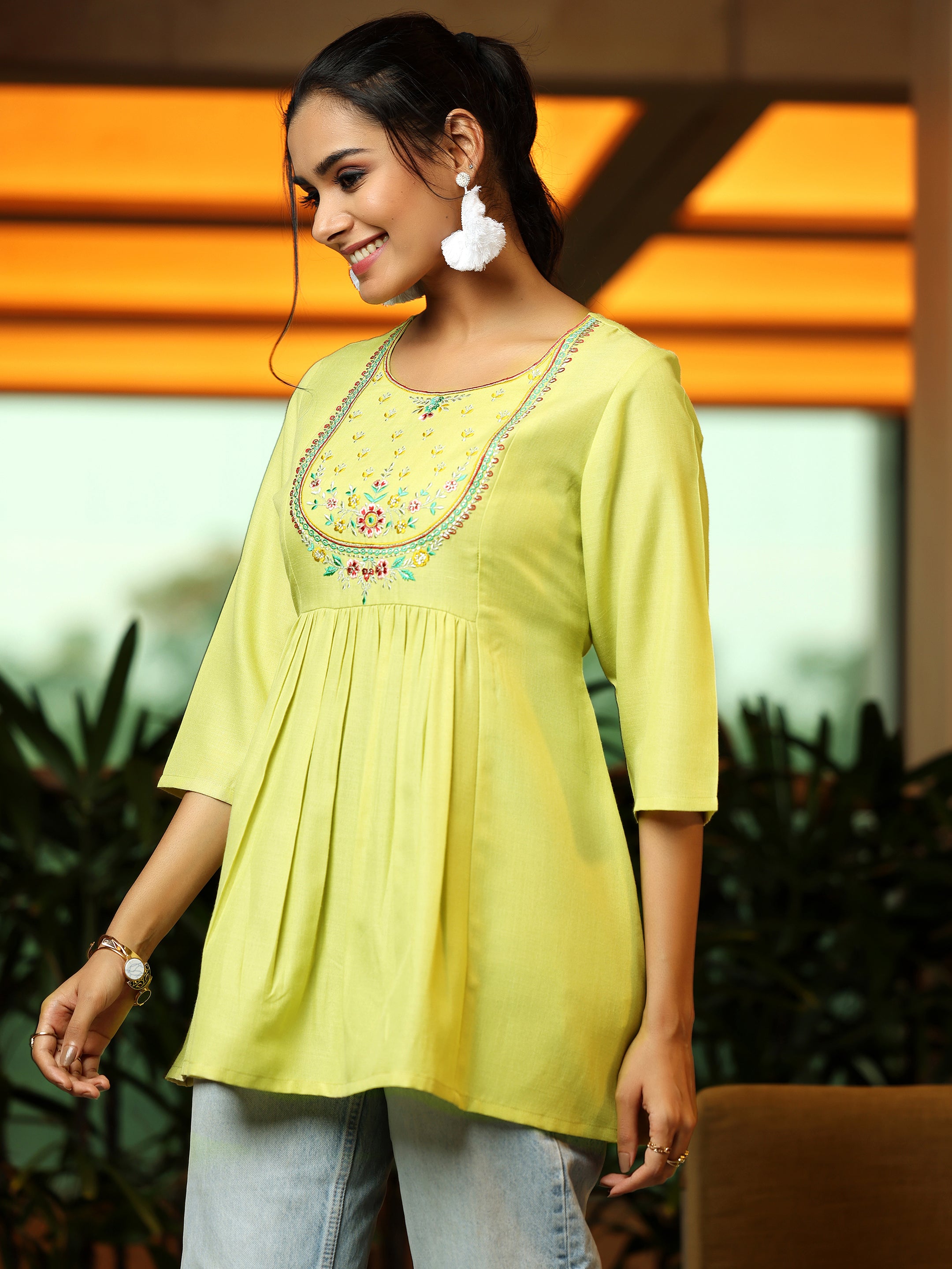 Lime Yoke Design Cotton Blend A-Line Kurti