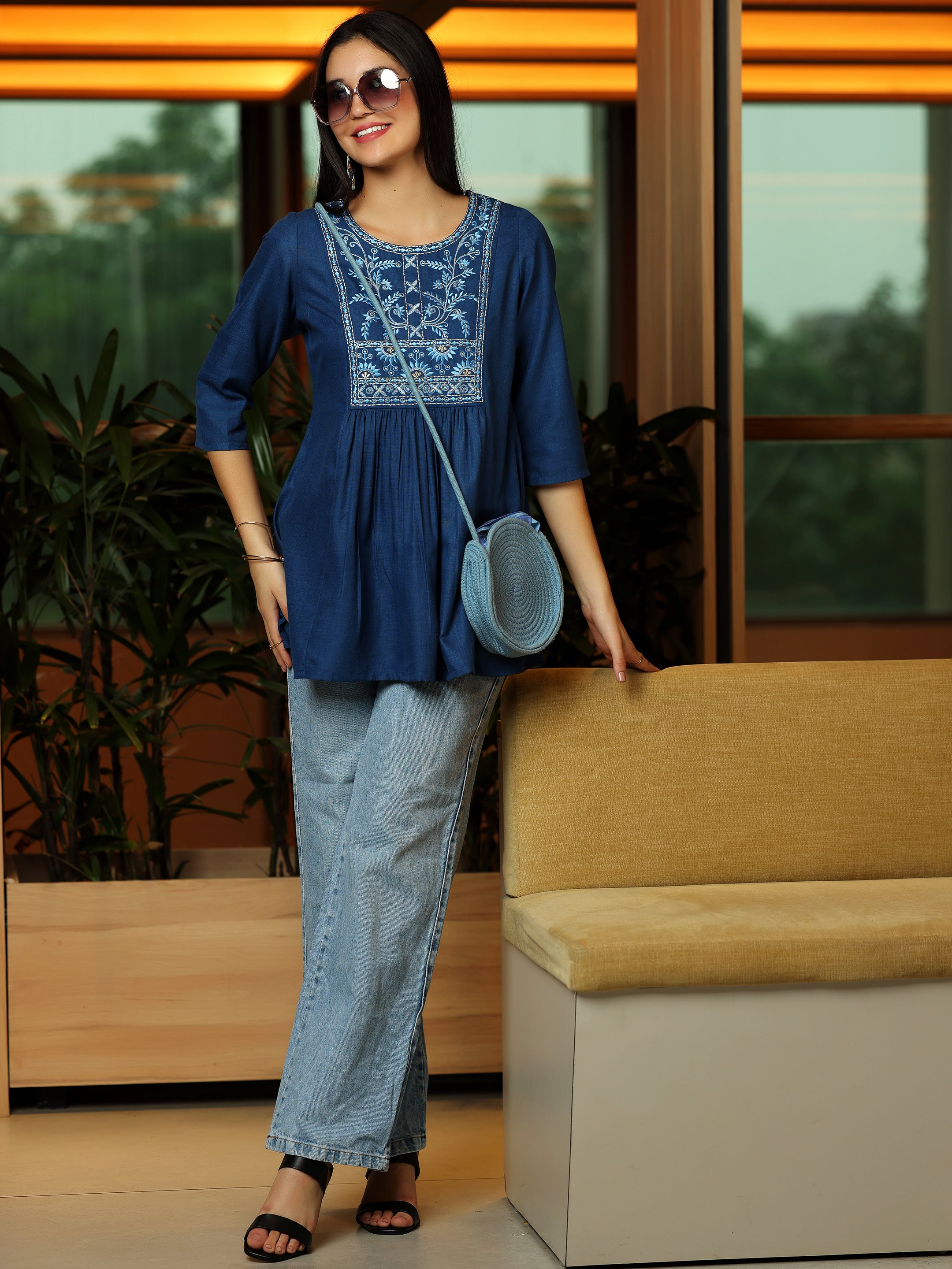 Blue Yoke Design Cotton Blend A-Line Kurti