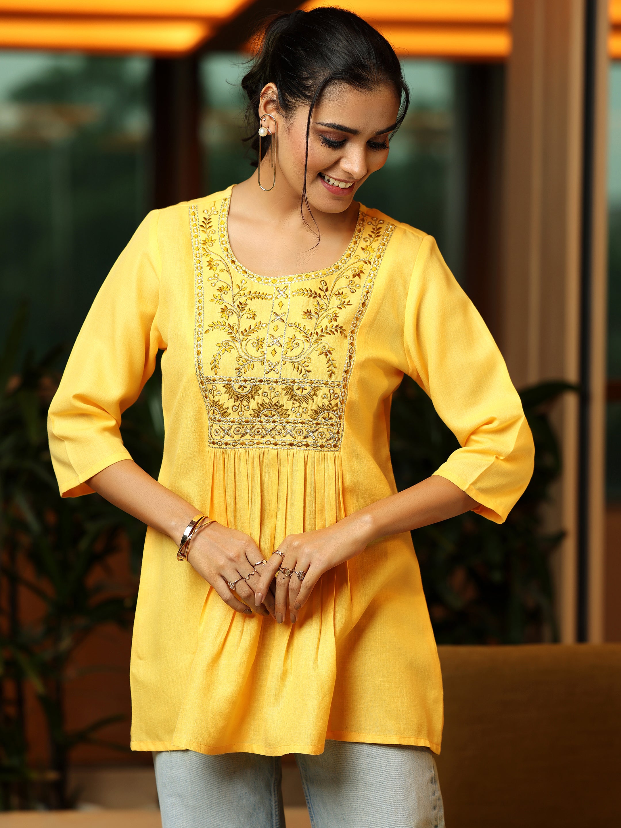 Yellow Yoke Design Cotton Blend A-Line Kurti