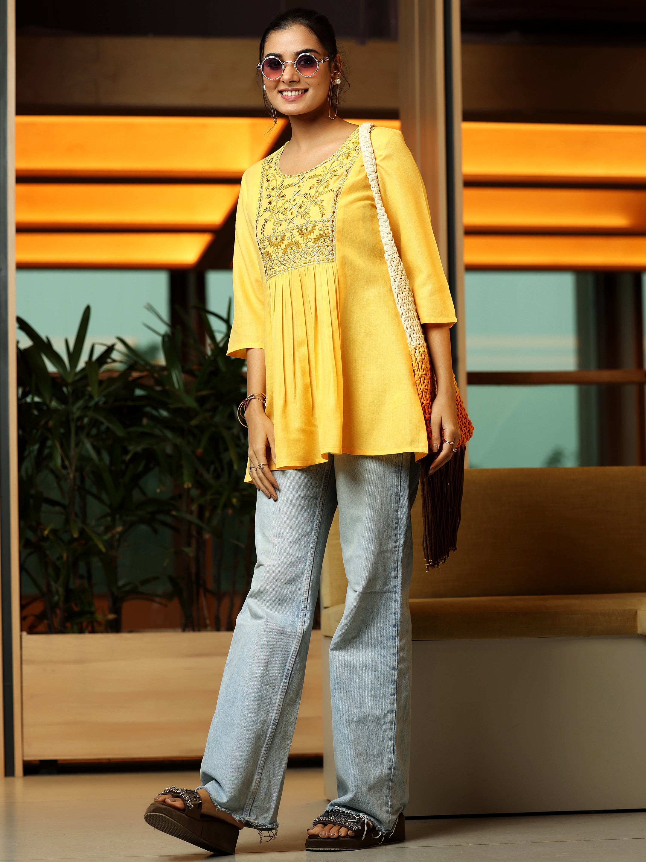 Yellow Yoke Design Cotton Blend A-Line Kurti