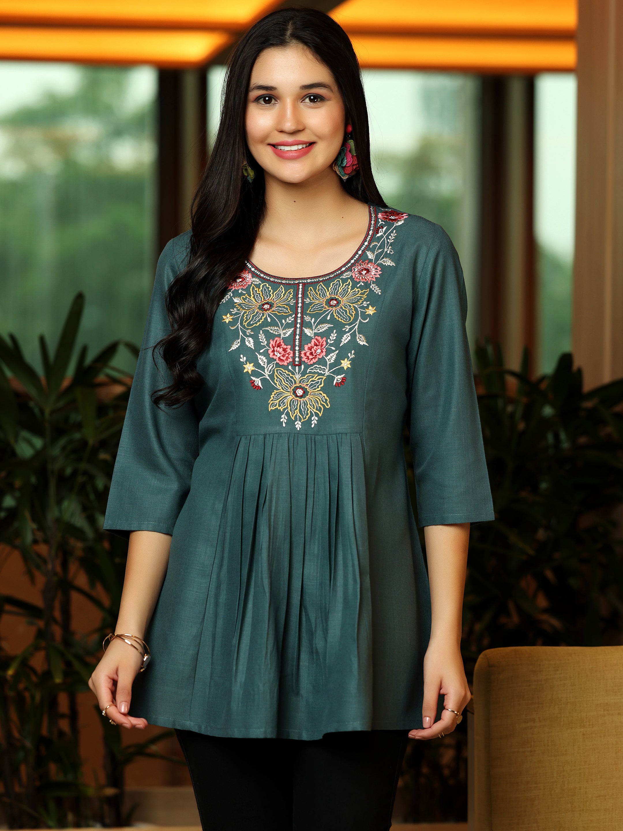 Grey Yoke Design Cotton Blend A-Line Kurti