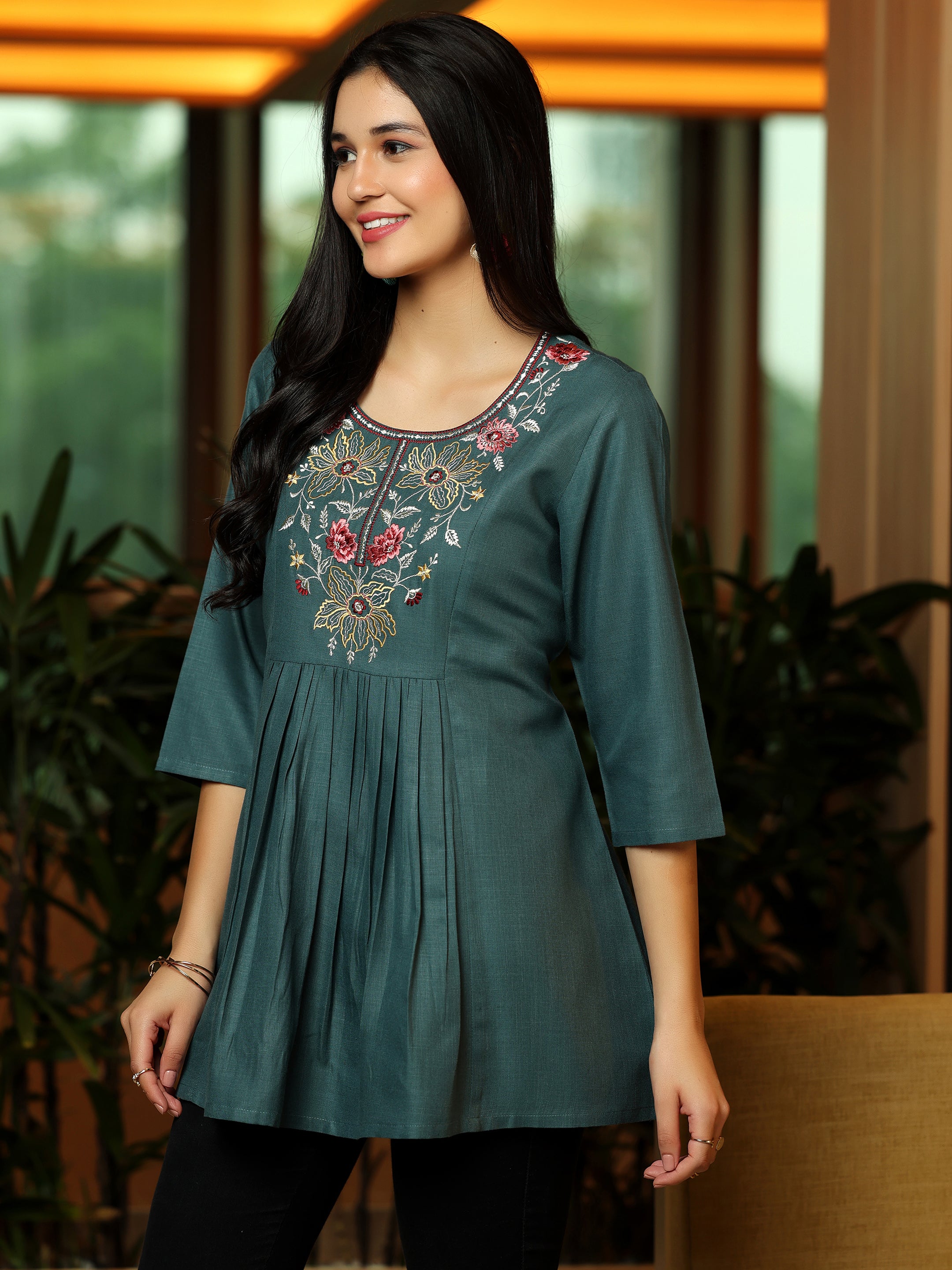 Grey Yoke Design Cotton Blend A-Line Kurti