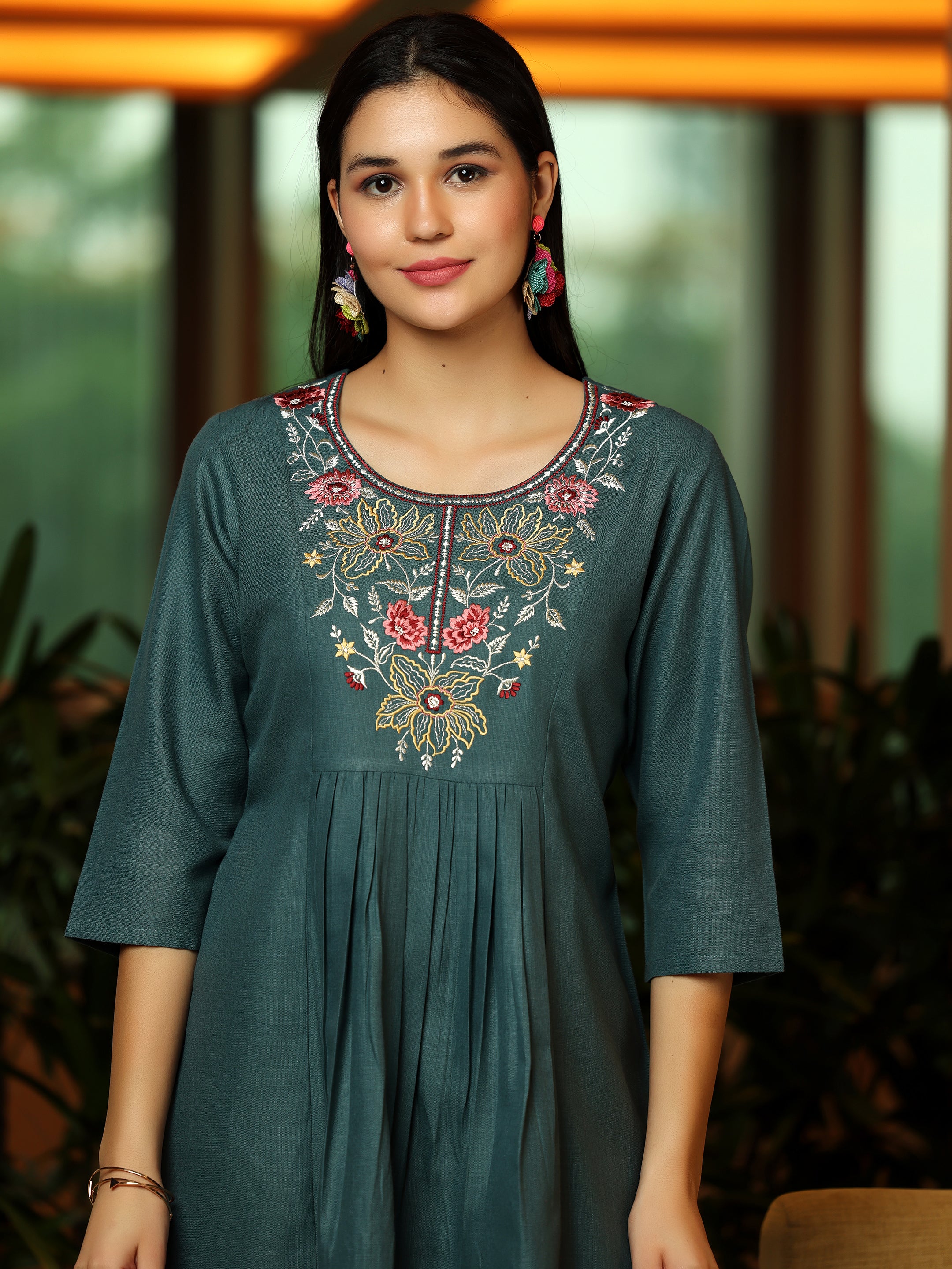 Grey Yoke Design Cotton Blend A-Line Kurti