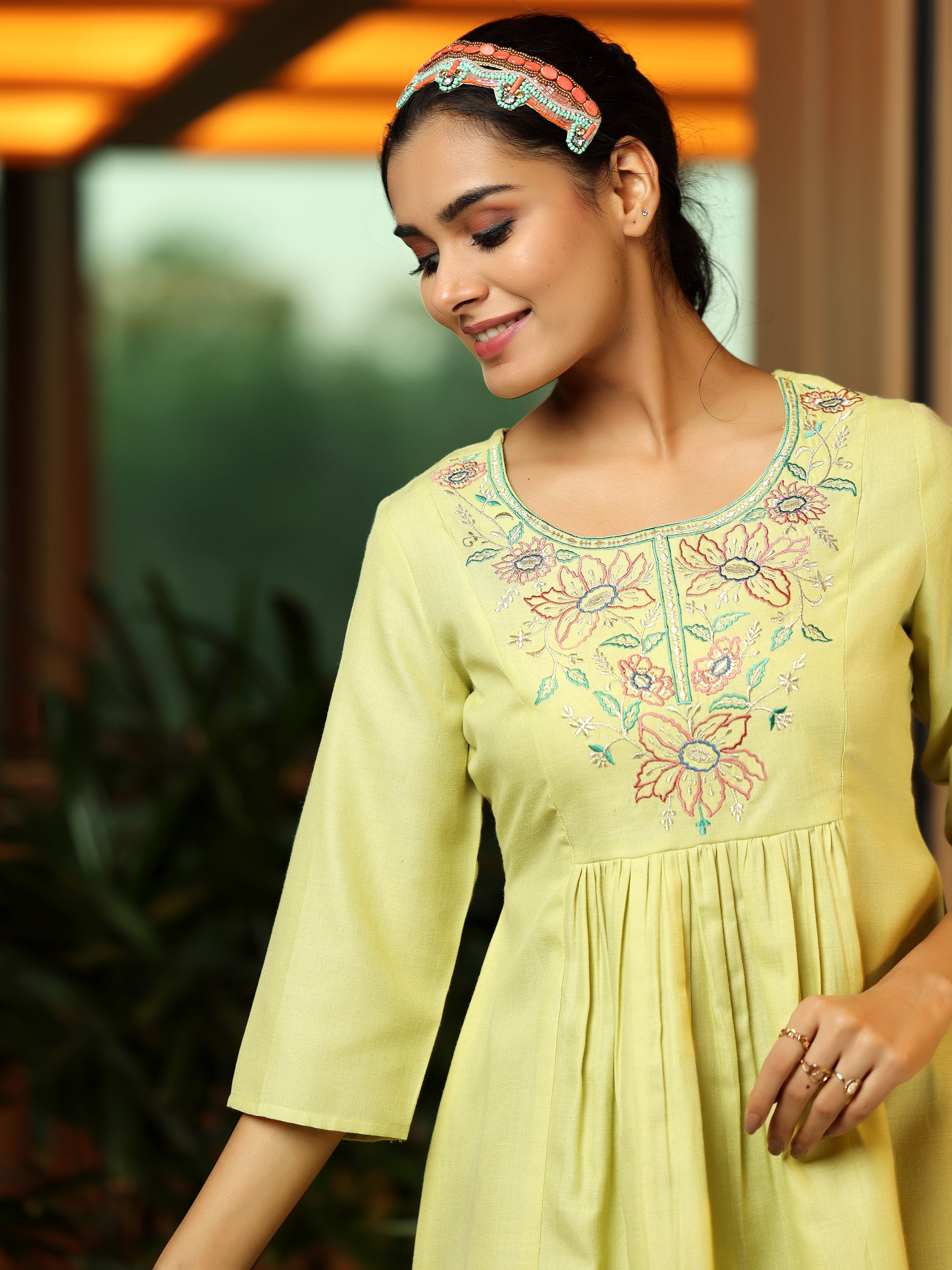 Lime Yoke Design Cotton Blend A-Line Kurti