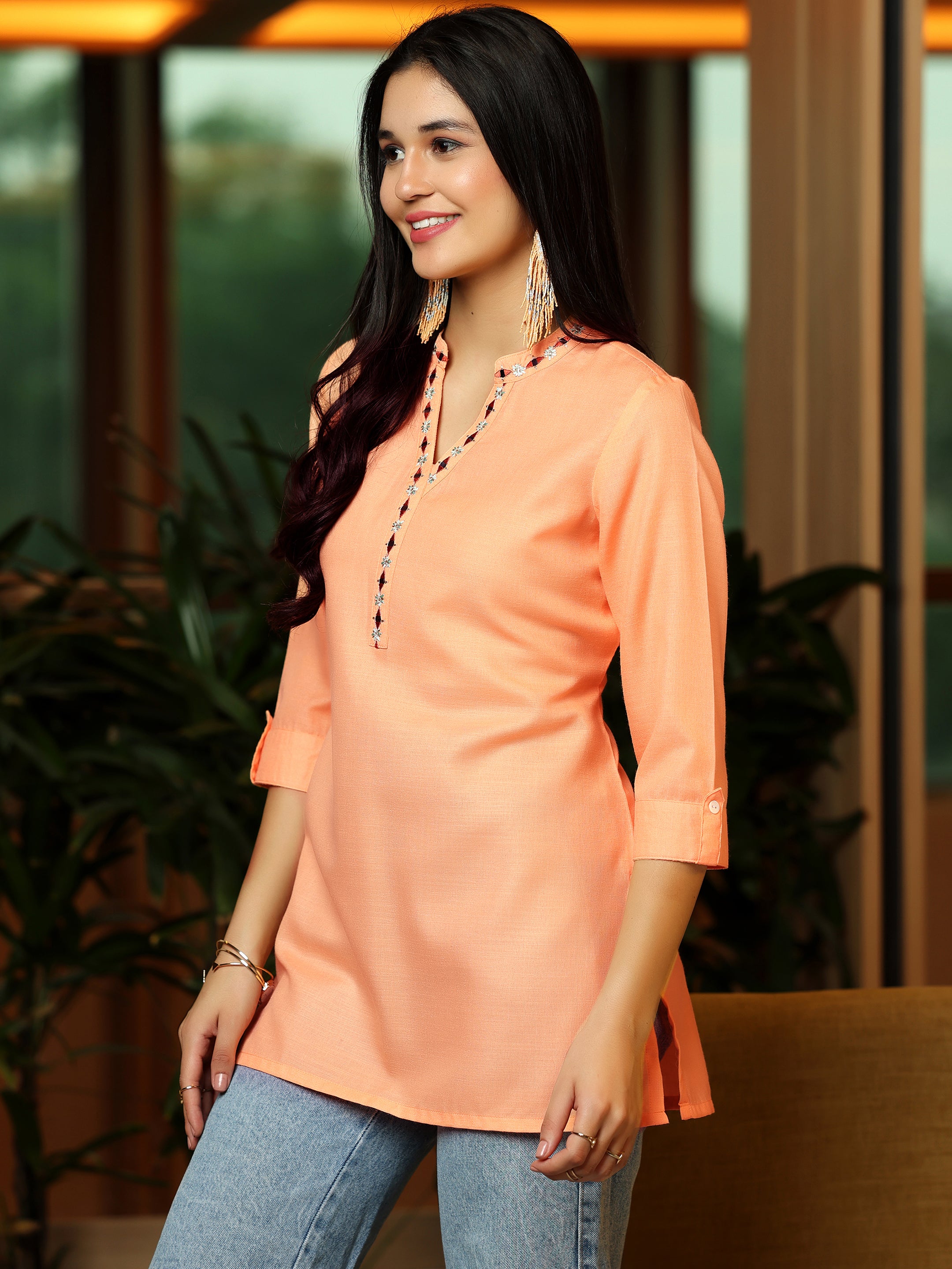 Peach Solid Cotton Blend Straight Kurti