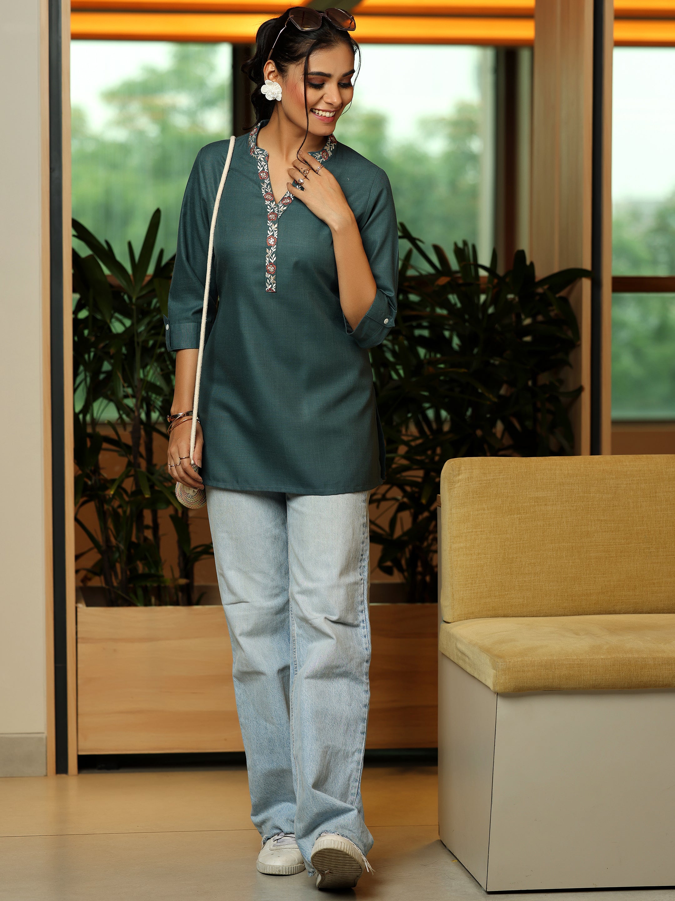 Grey Solid Cotton Blend Straight Kurti